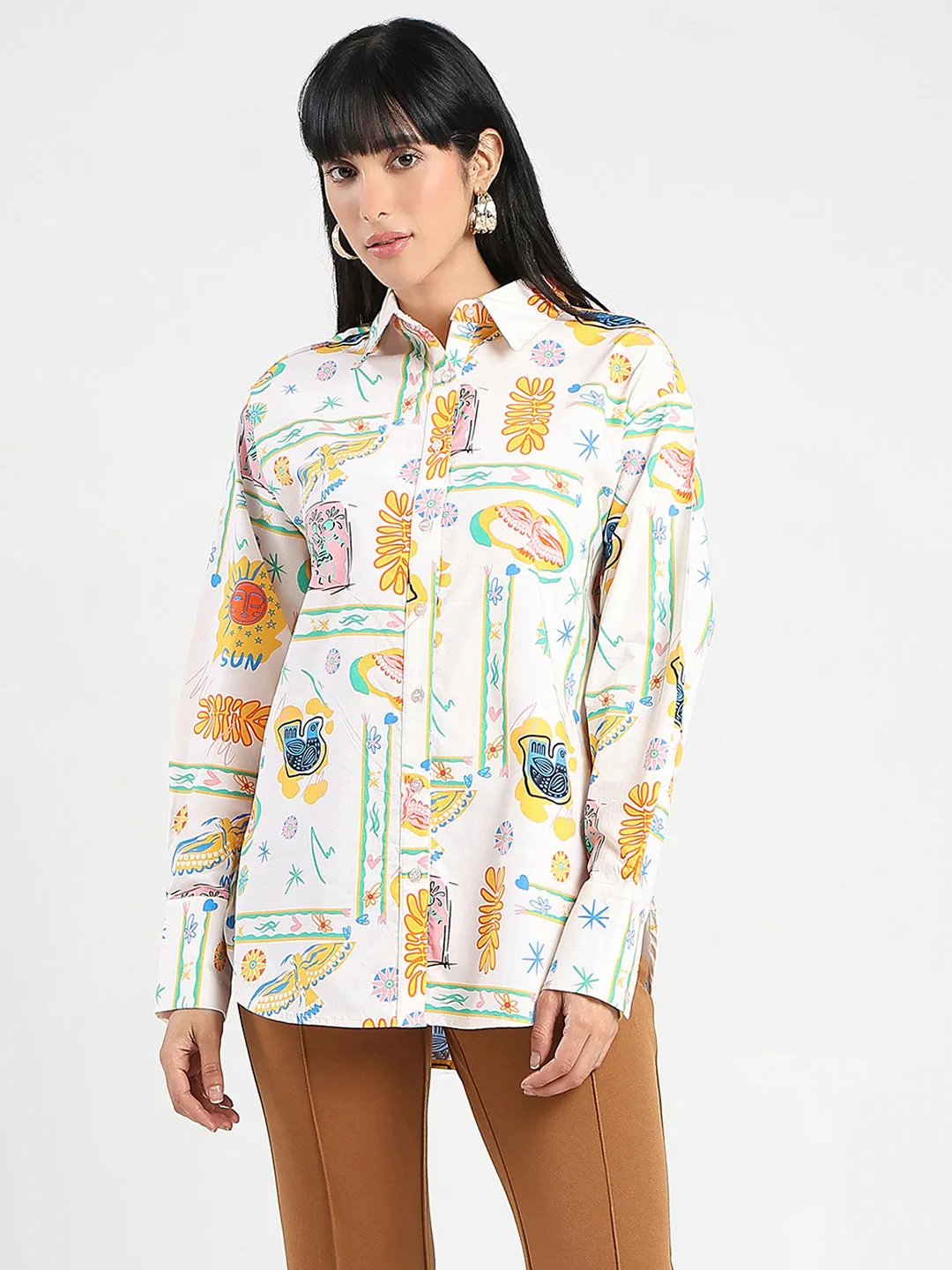 Madame All Over Print Beige Cotton Blend Shirt Street Chic