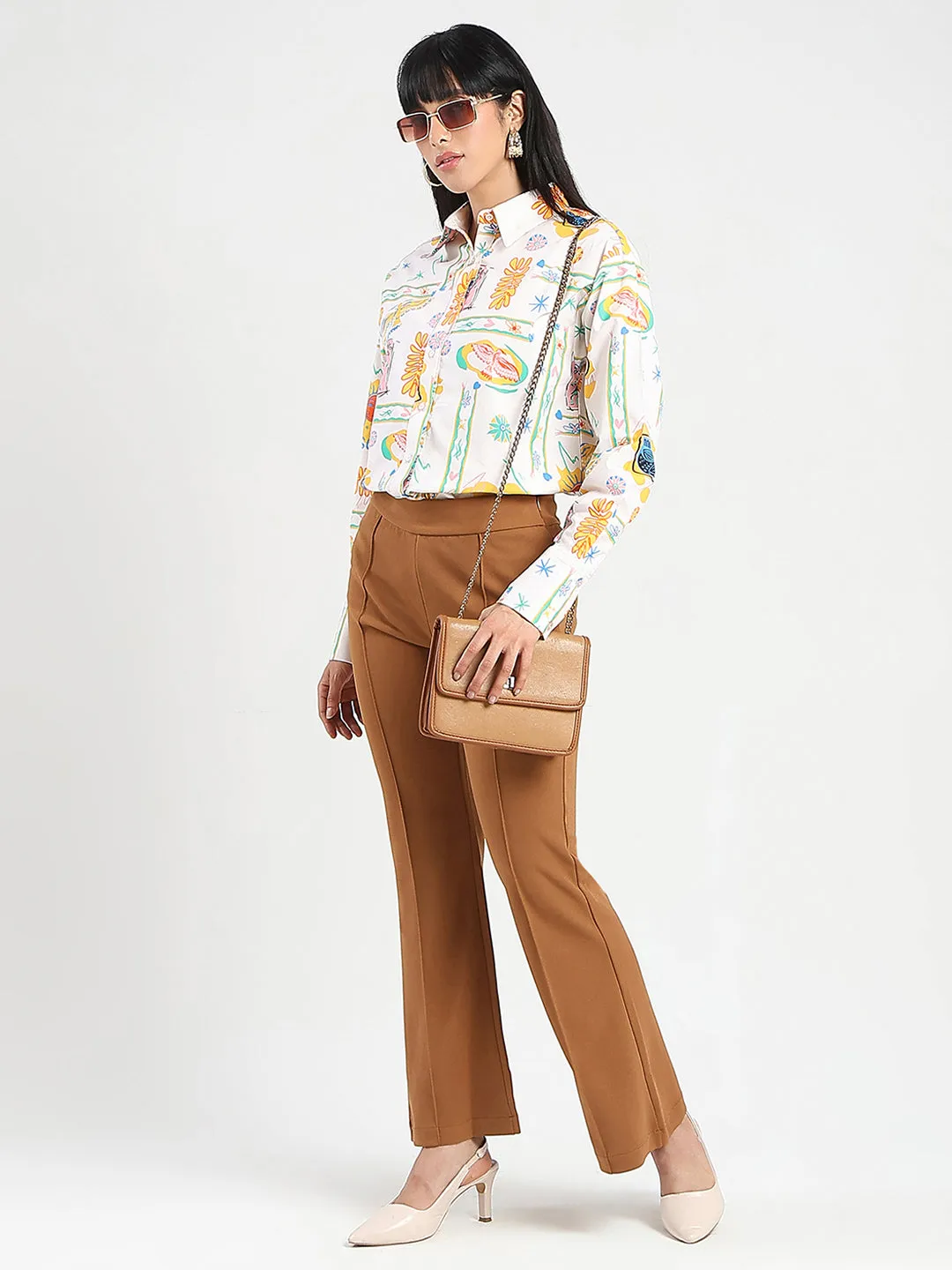 Smooth Stitch Pattern Madame All Over Print Beige Cotton Blend Shirt