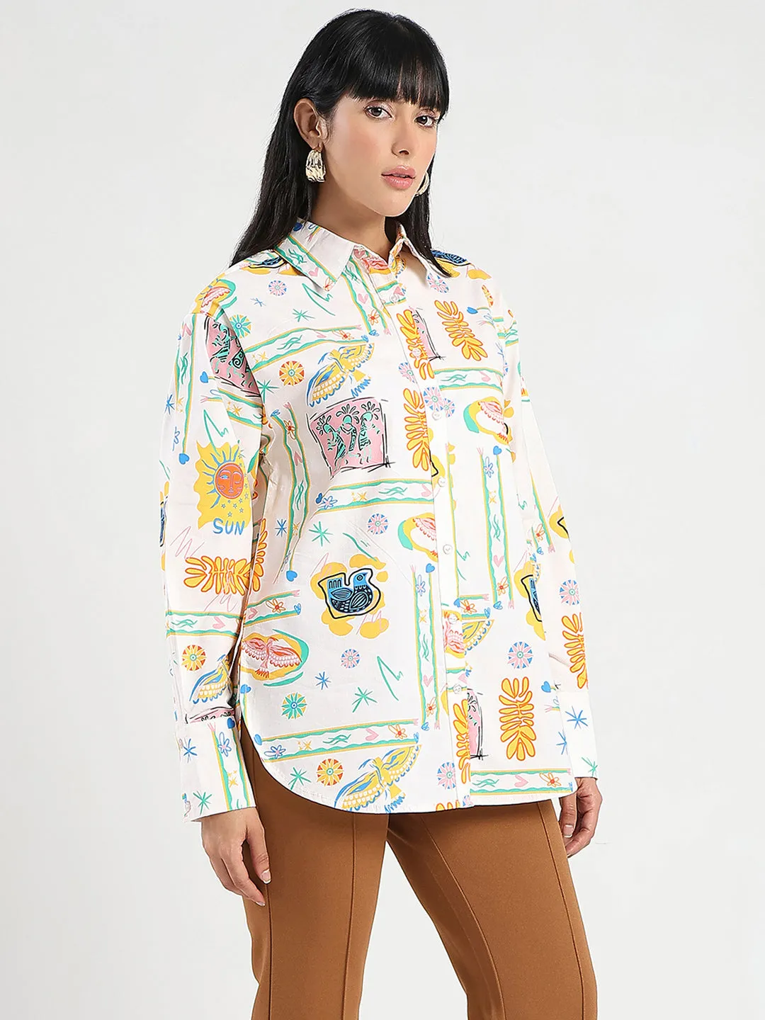 Timeless Design Daytime Look Madame All Over Print Beige Cotton Blend Shirt