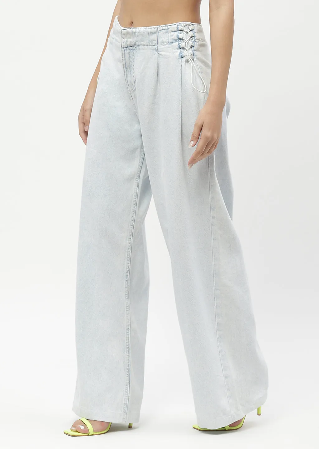 Flattering Fit Madame Shanaya Kapoor Side Strings Ice Blue Wide Leg Jeans