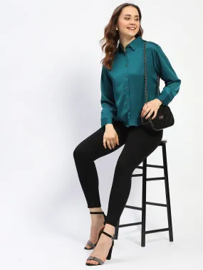 Two Tone Stitching Fashion Essential Madame Teal Button Down Shirt