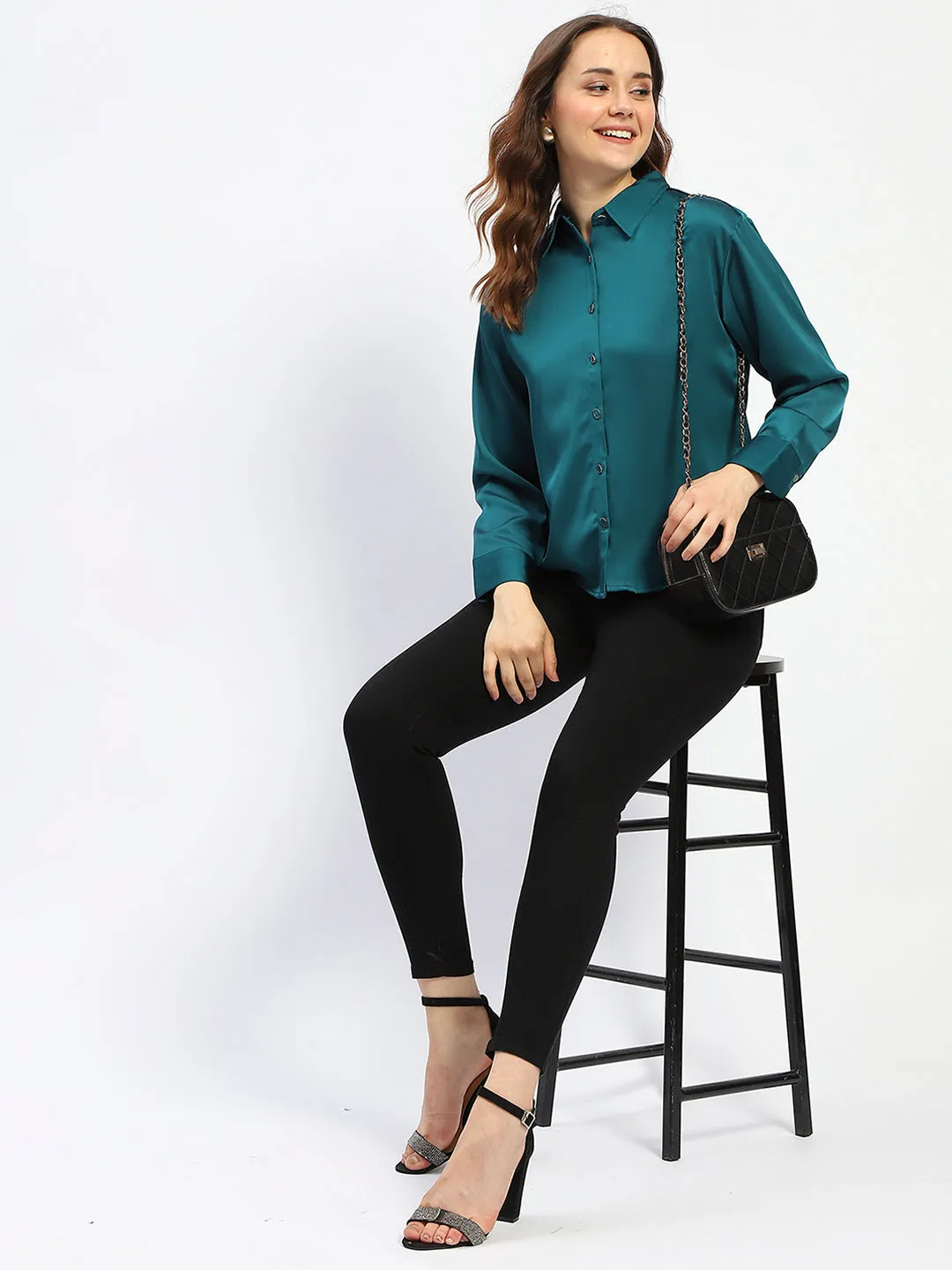 Two Tone Stitching Fashion Essential Madame Teal Button Down Shirt