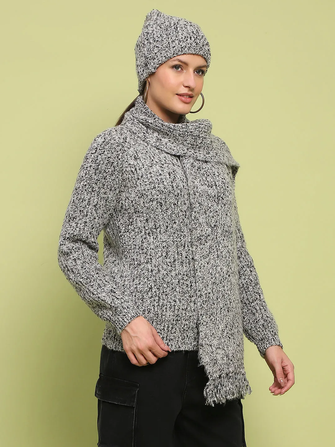 Urban Layer Relaxed Knitwear Madame Self Design Regular Fit Grey Sweater
