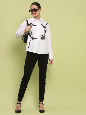 Madame Placement Printed White Cotton Shirt Soft Stretch Collar Shimmer Effect