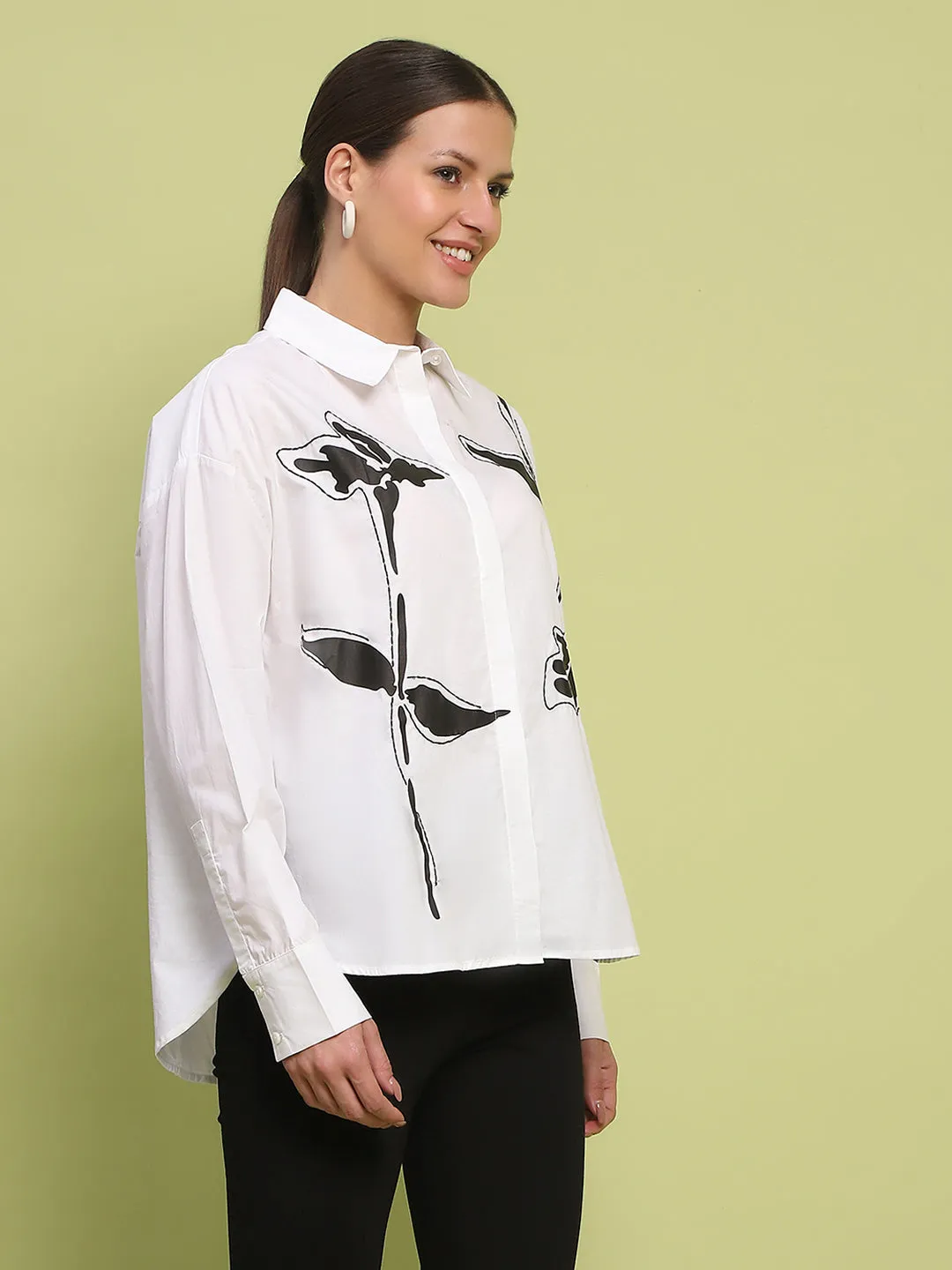 Madame Placement Printed White Cotton Shirt Easy Styling Easy Fit