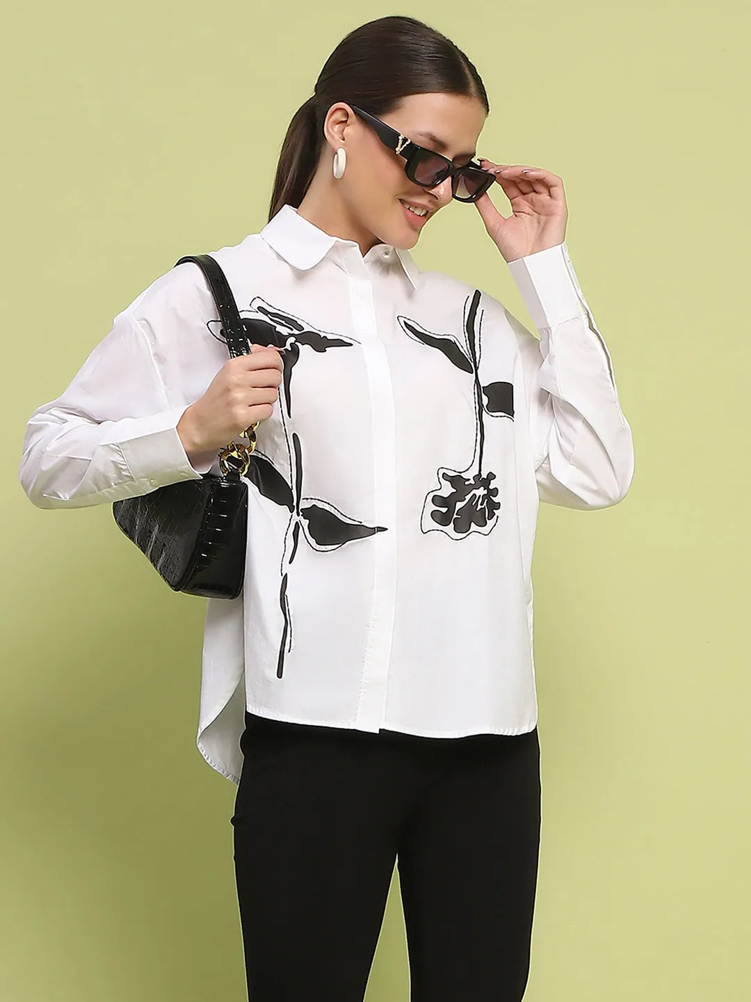 Madame Placement Printed White Cotton Shirt Durable Button Closures formal dinner