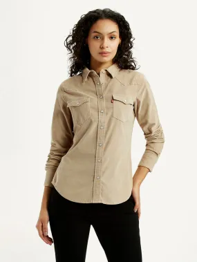 Women's Solid Beige Spread Collar Shirt Fashionable Comfort