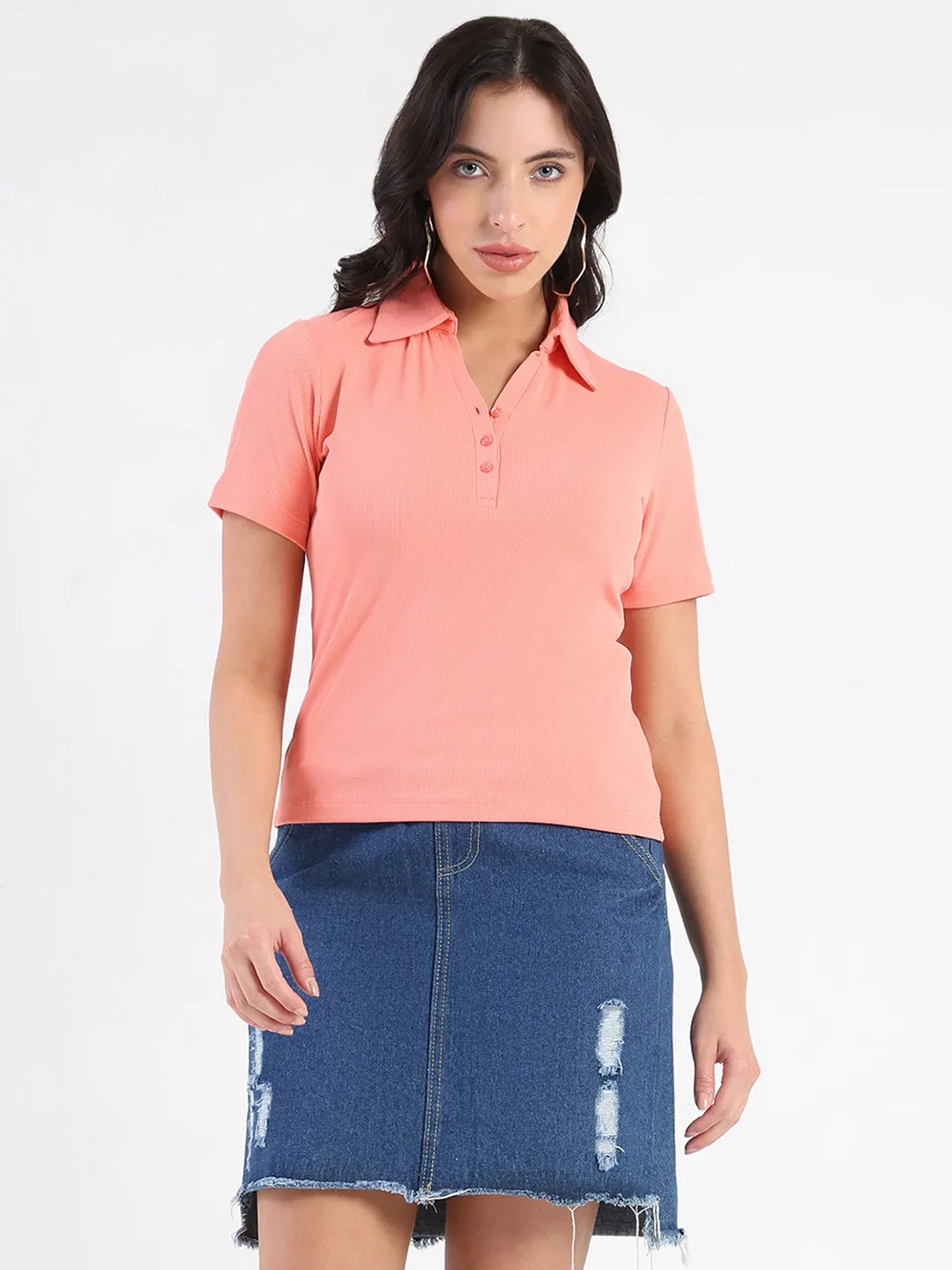 Seasonal Outfit Madame  Solid Carrot Polo Pique T-shirt
