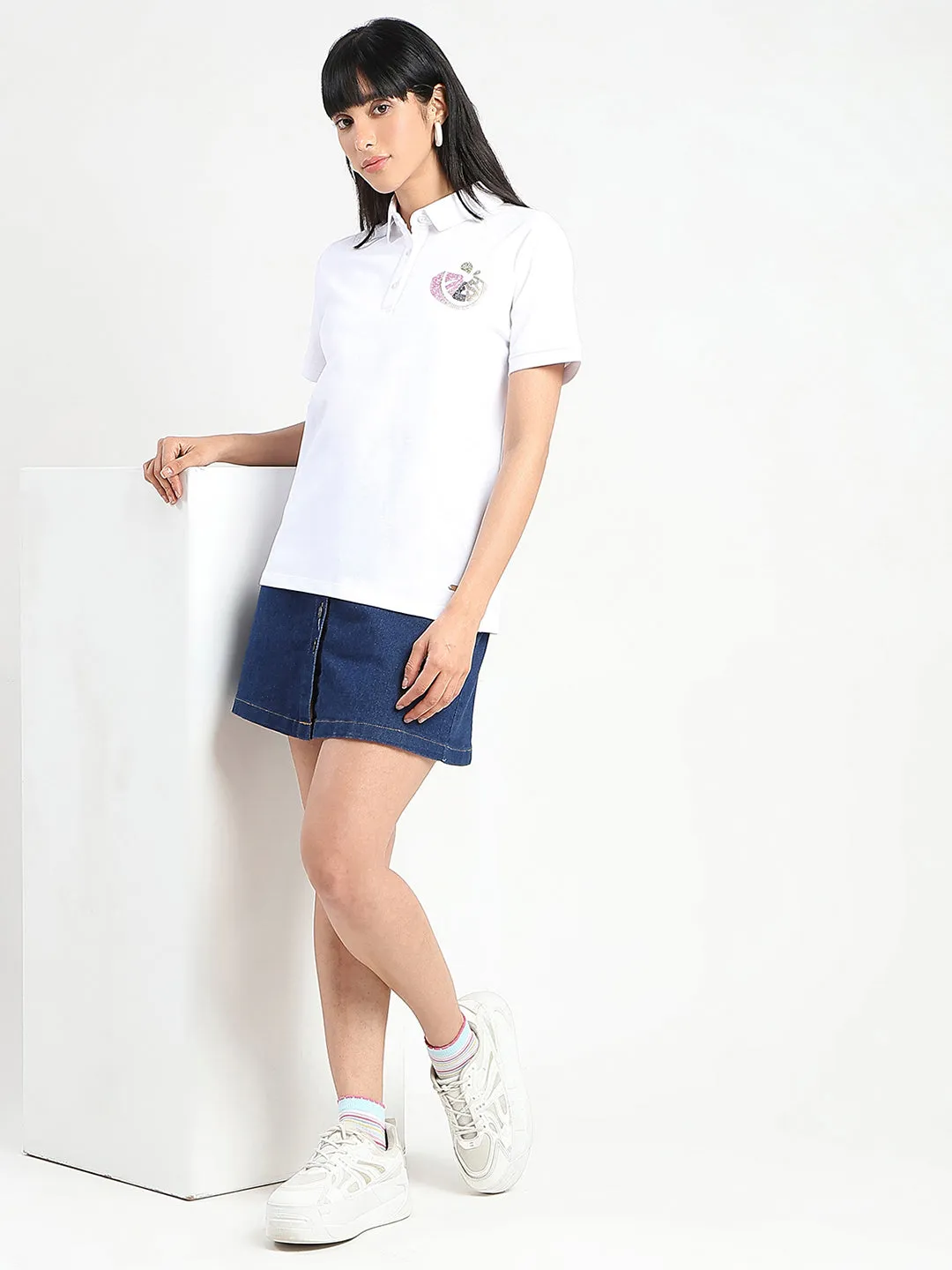 Madame Graphic Print Adorned Cotton Blend White Polo T-shirt Perfect Layering