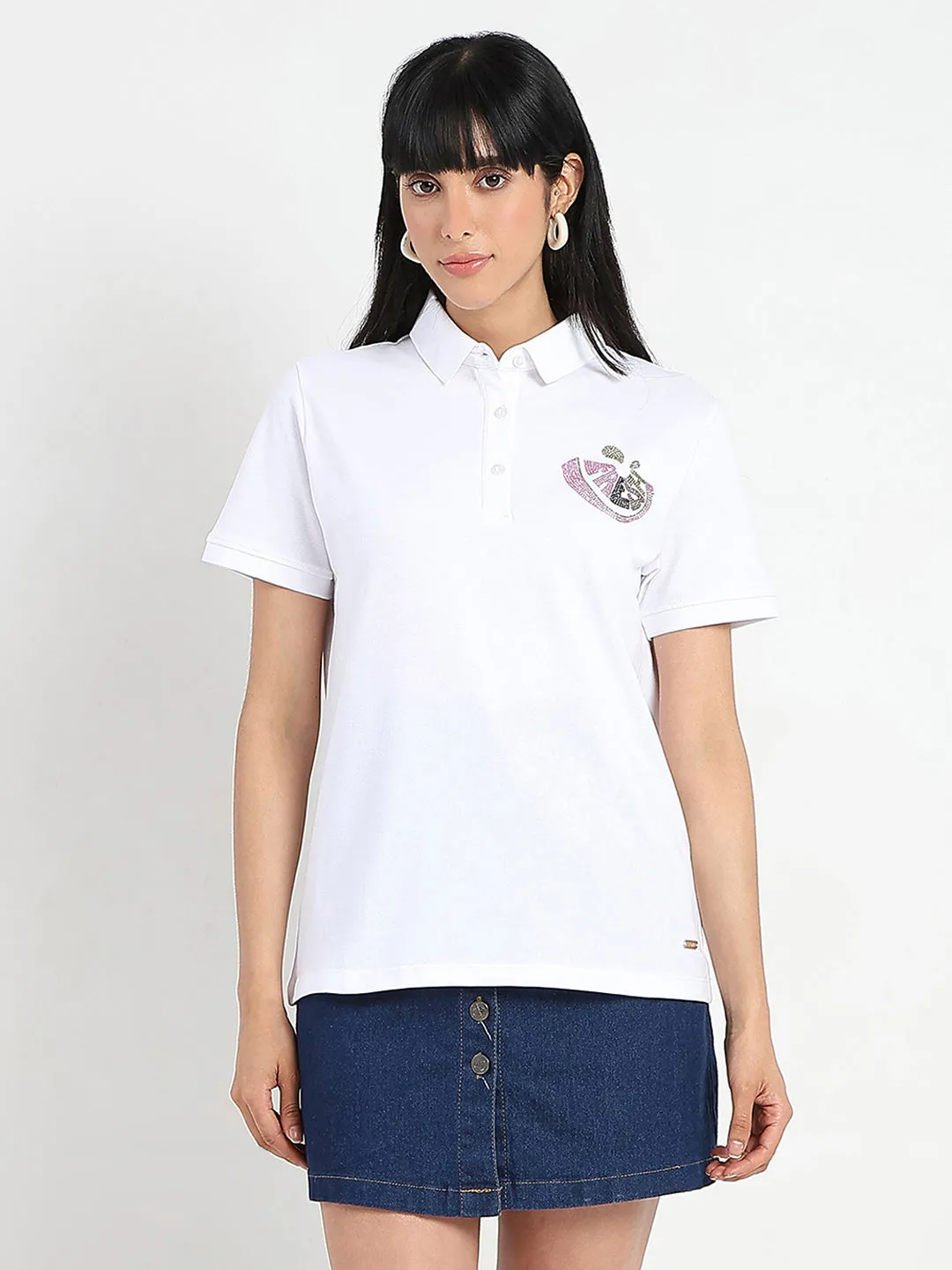 Quick Dry Fabric adults' Madame Graphic Print Adorned Cotton Blend White Polo T-shirt