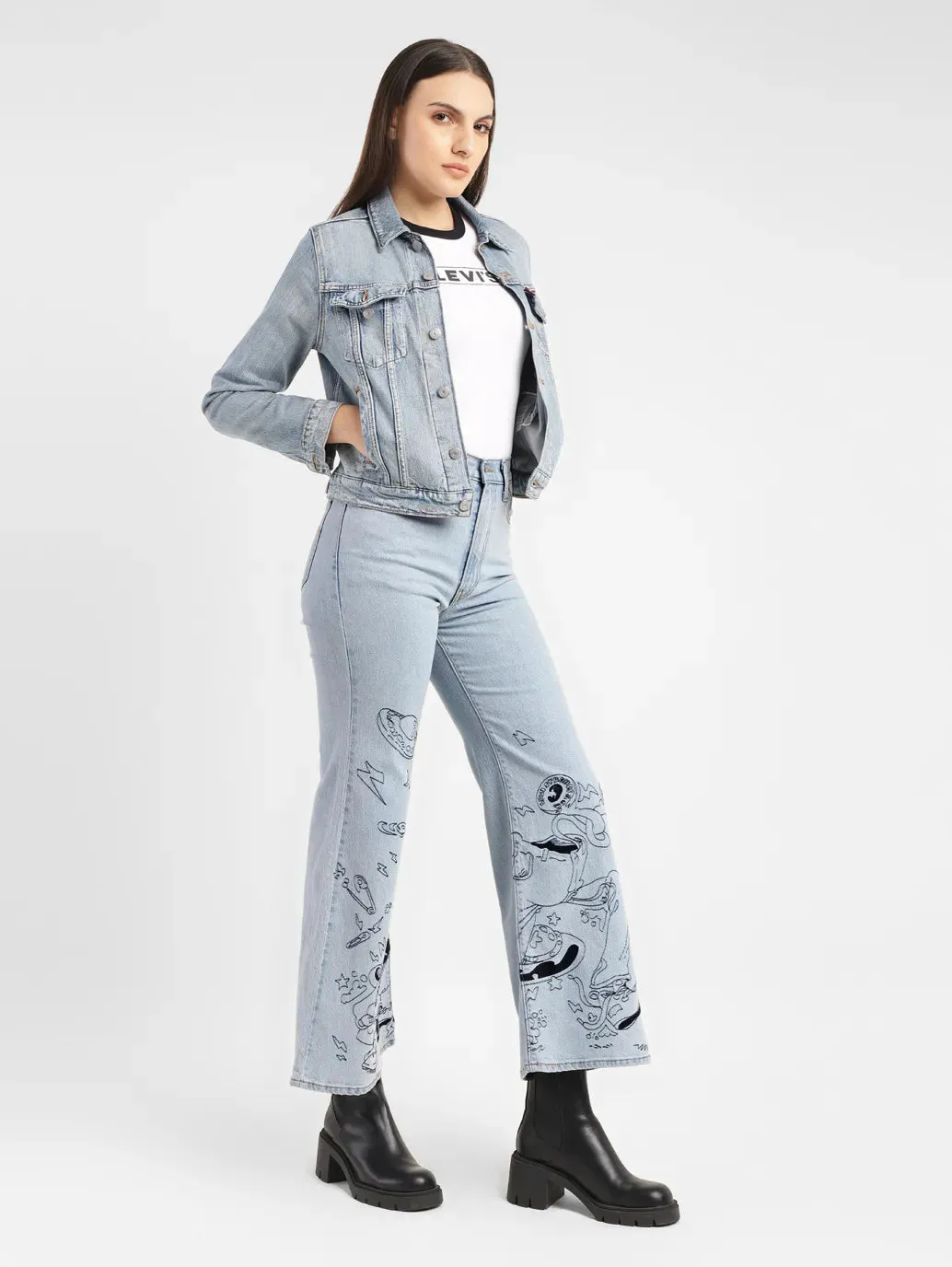 Streetwear Fan Premium Women's Blue Ribcage Bell Bottom Wide Leg Fit High Rise Jeans