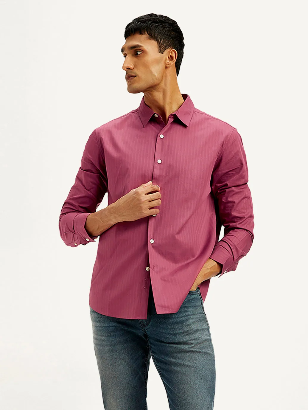 Thermal Regulation Fabric Comfy Fit Men's Redloop Striped Slim Fit Shirt