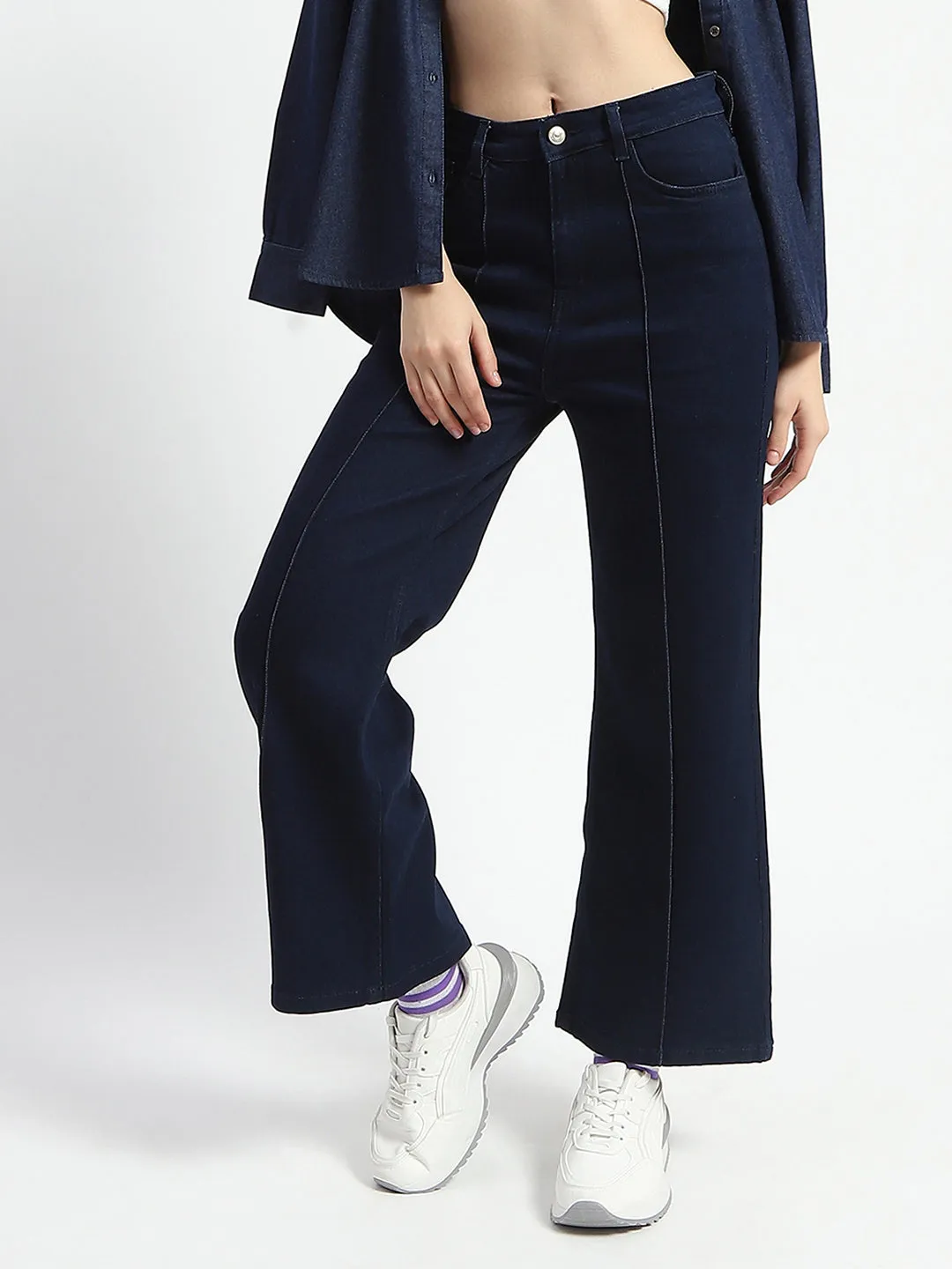 Madame Cotton Blend Single Pleat Wide Leg Dark Blue Denim Jeans Sharp Silhouette