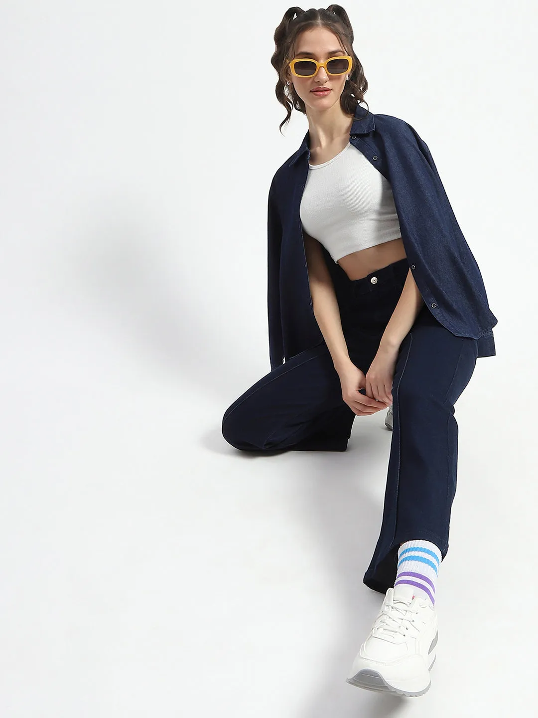 Madame Cotton Blend Single Pleat Wide Leg Dark Blue Denim Jeans Music Event Picnic Style Easy Pair