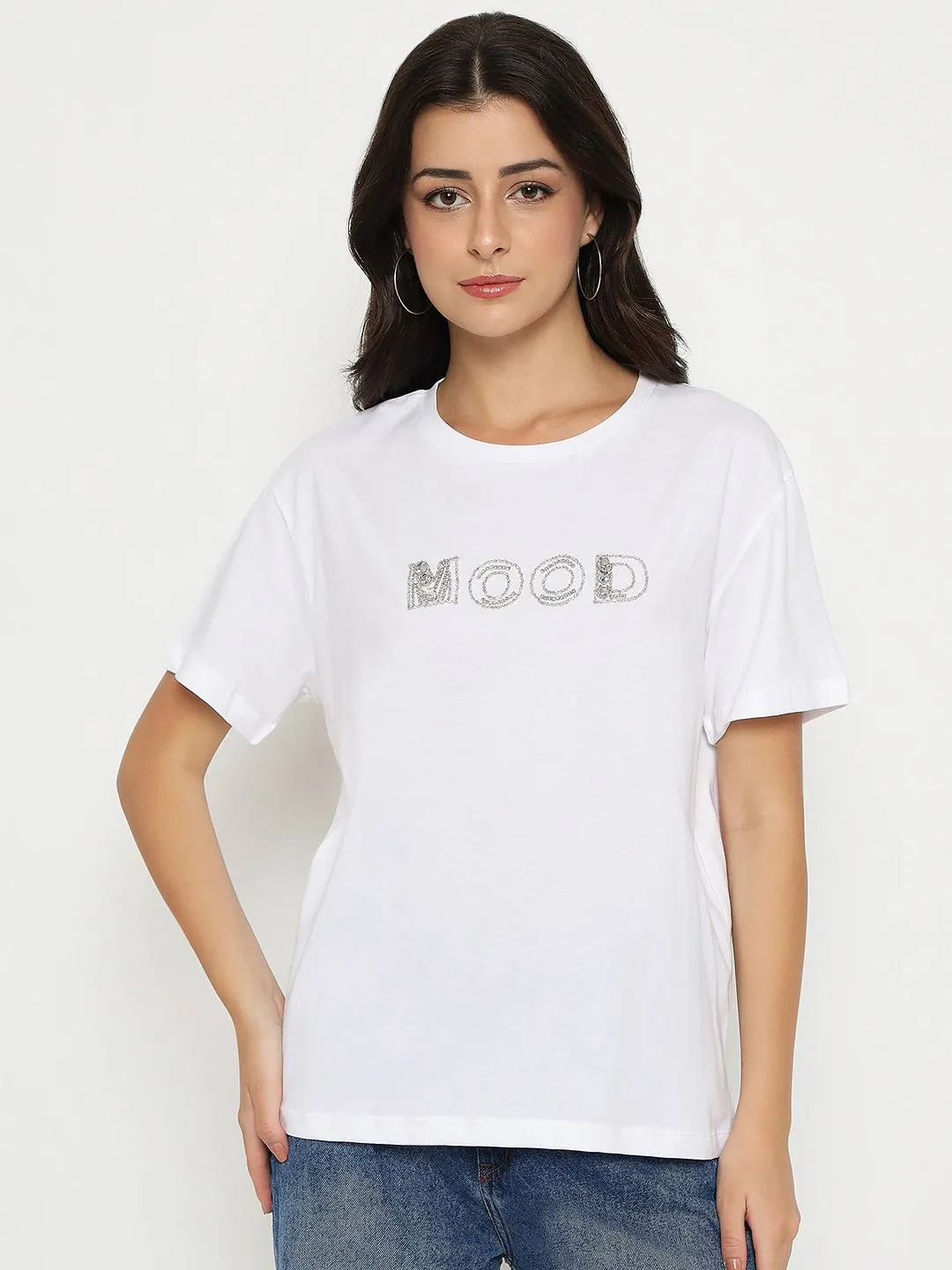 Soft Fabric Fashion Ready Madame Embellished Typography White Cotton T-shirt