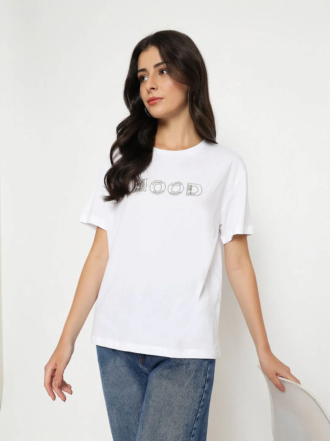 Madame Embellished Typography White Cotton T-shirt Comfy Flex Breathable Comfort Fit