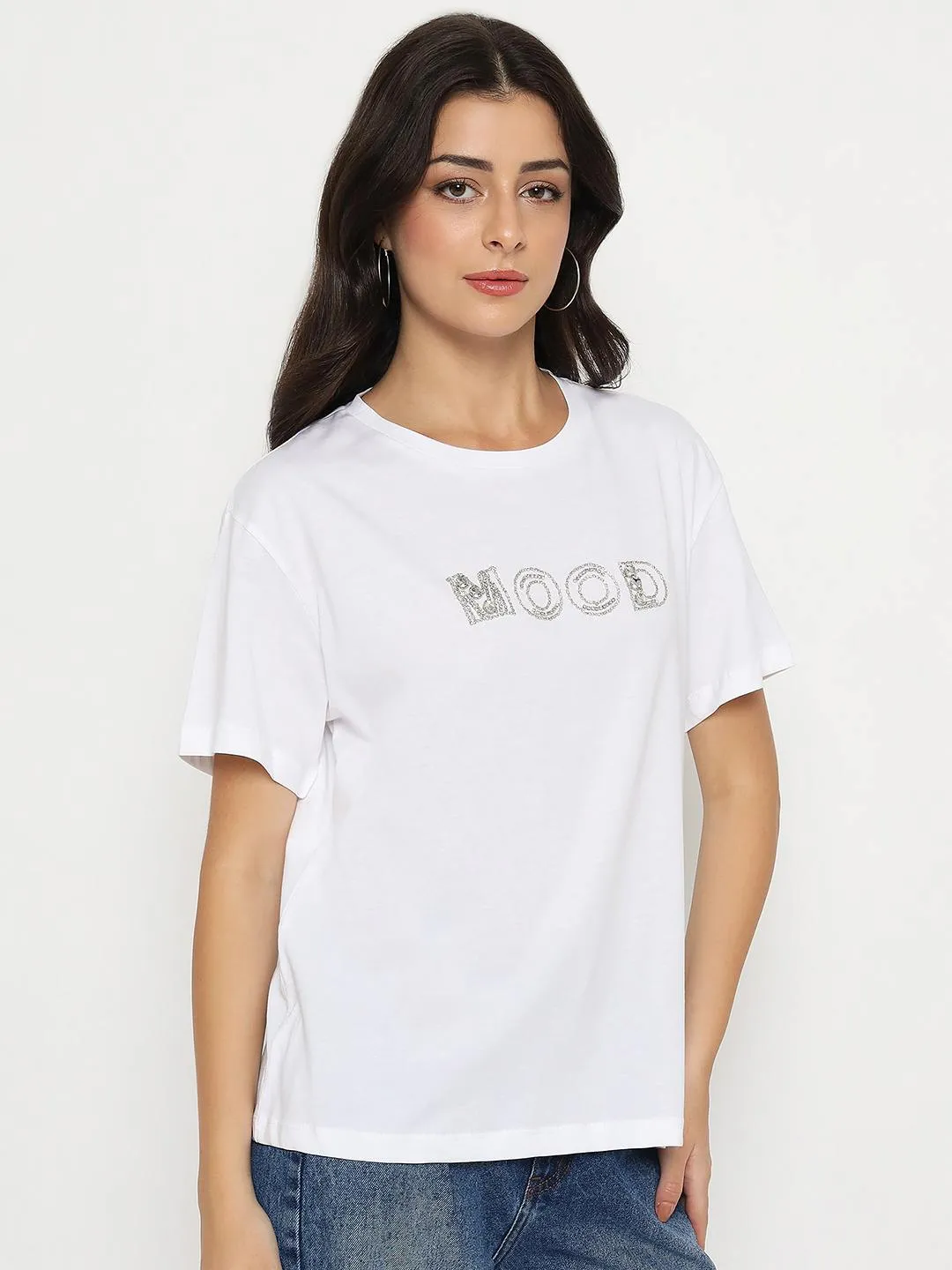 Smart Casual No-Shrink Fabric Madame Embellished Typography White Cotton T-shirt