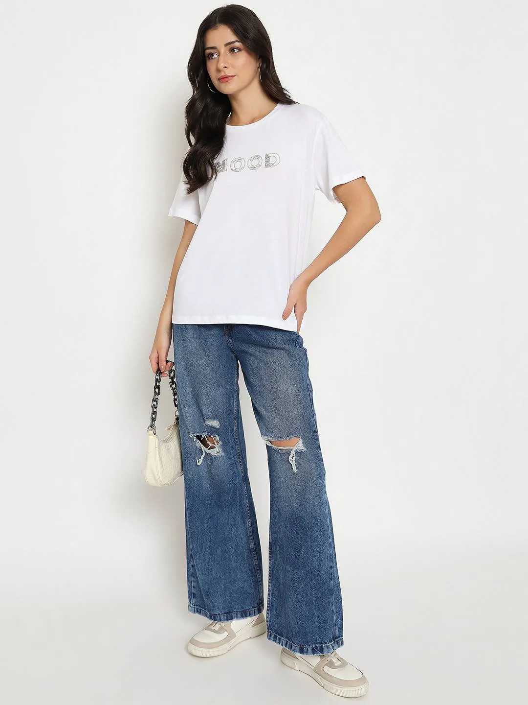 Madame Embellished Typography White Cotton T-shirt Ultimate Comfort Glossy Look