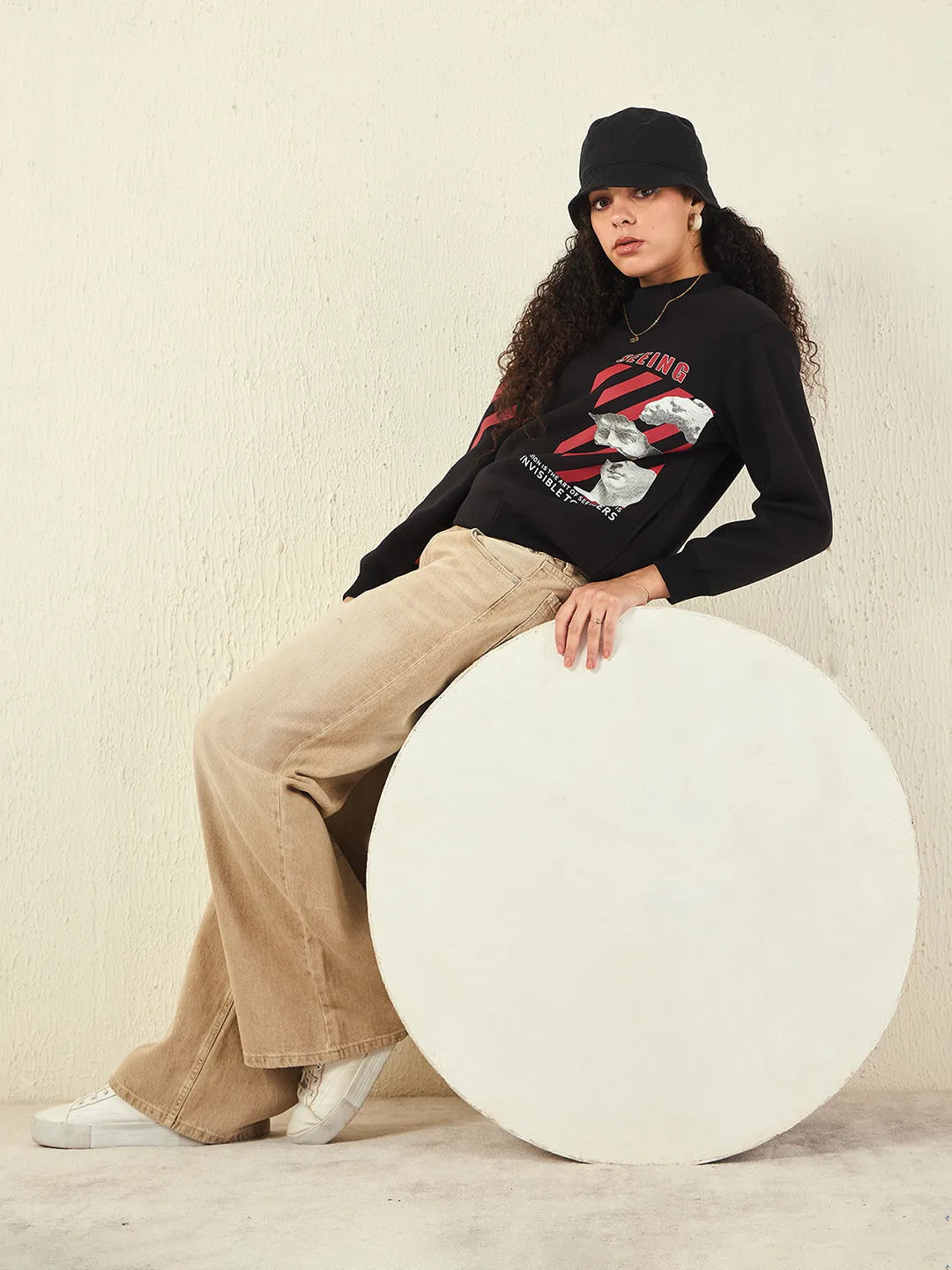 Soft Layer Madame Graphic Print Cotton Blend Black Sweatshirt