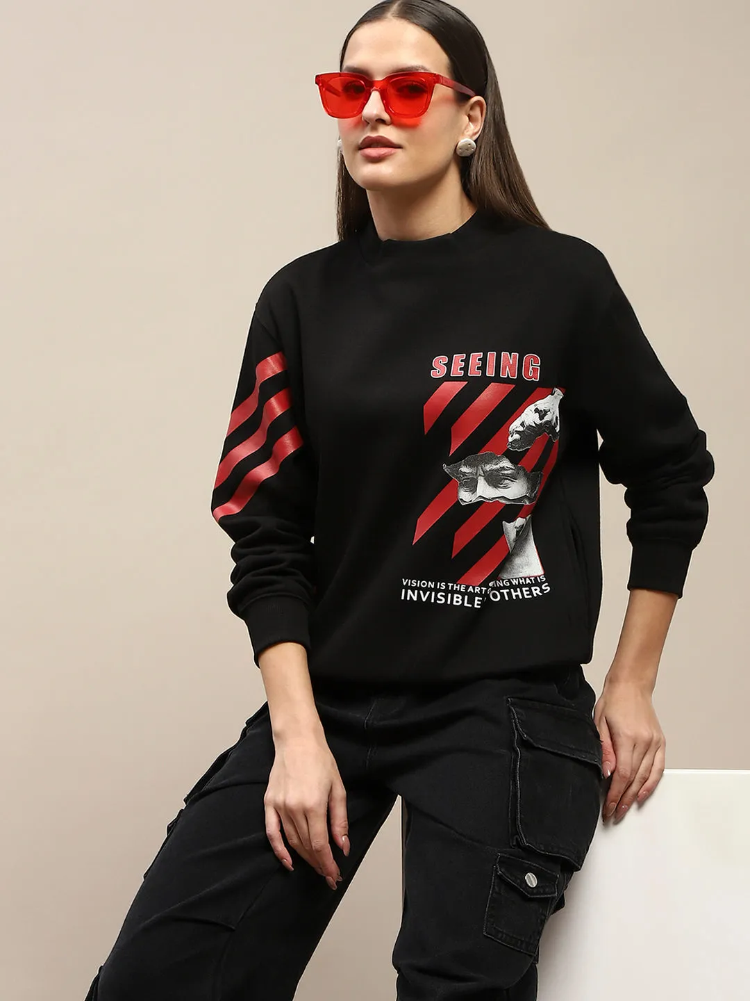 Madame Graphic Print Cotton Blend Black Sweatshirt product vacation wear freedom Trendy Basics