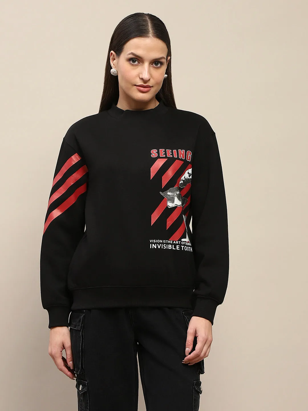 Simple Look Budget Madame Graphic Print Cotton Blend Black Sweatshirt