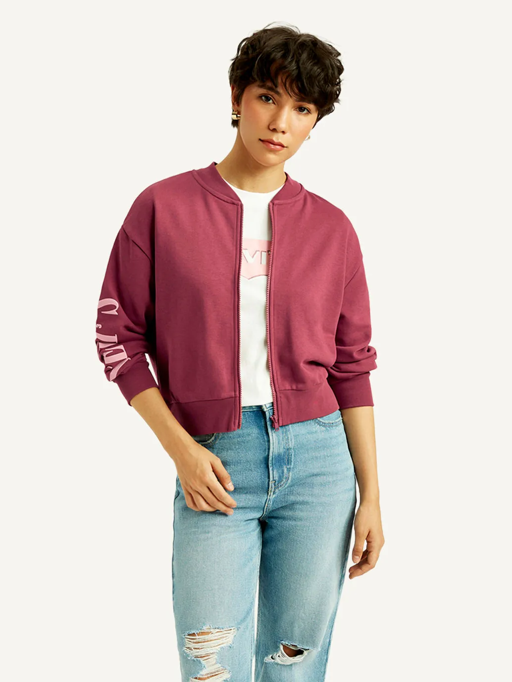 Seamless Technology Basic Fit Women's Typographic Burgundy Bomber Jacket