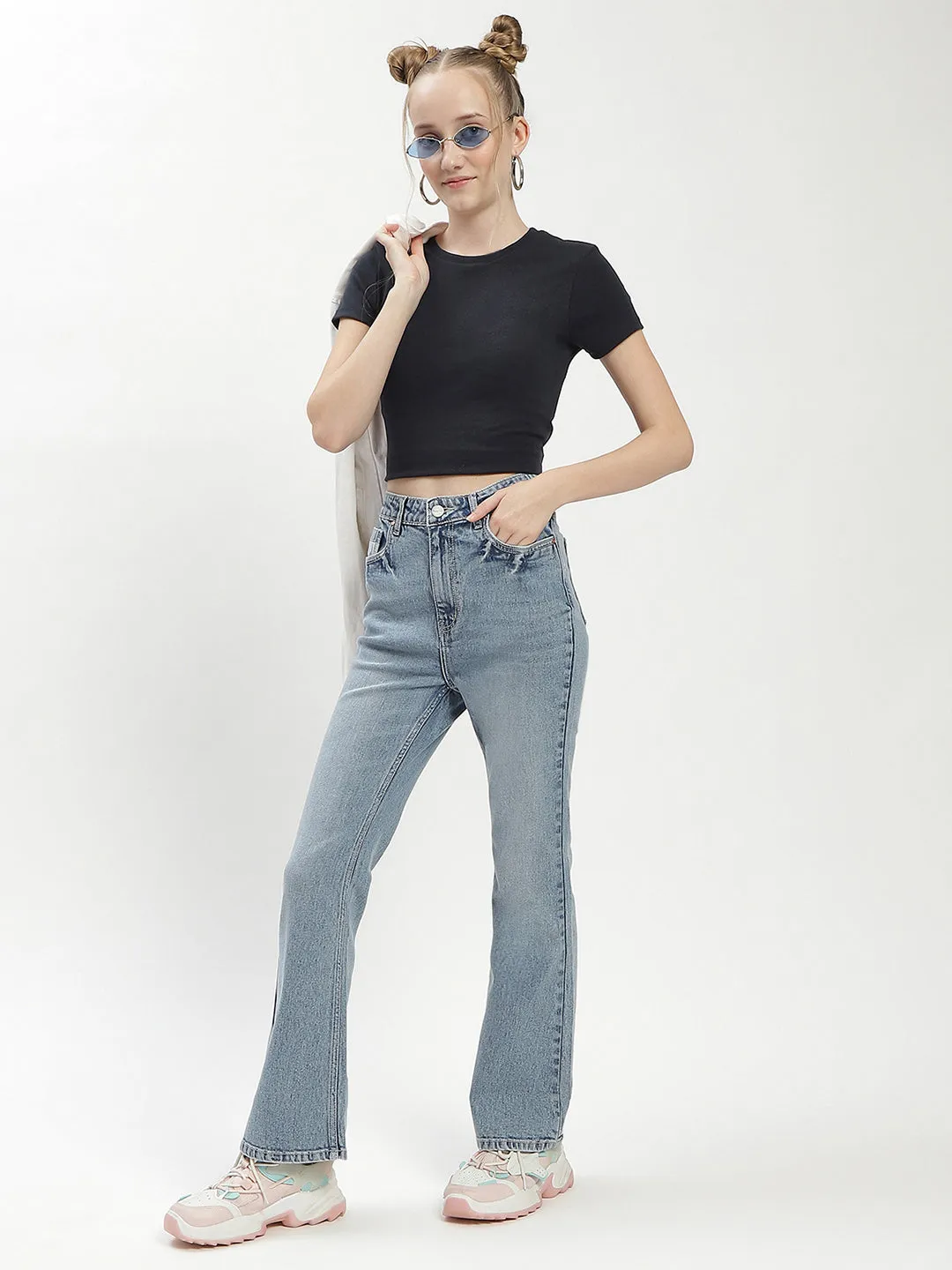 Madame Light Wash Flared Denim Jeans Strong Stitch