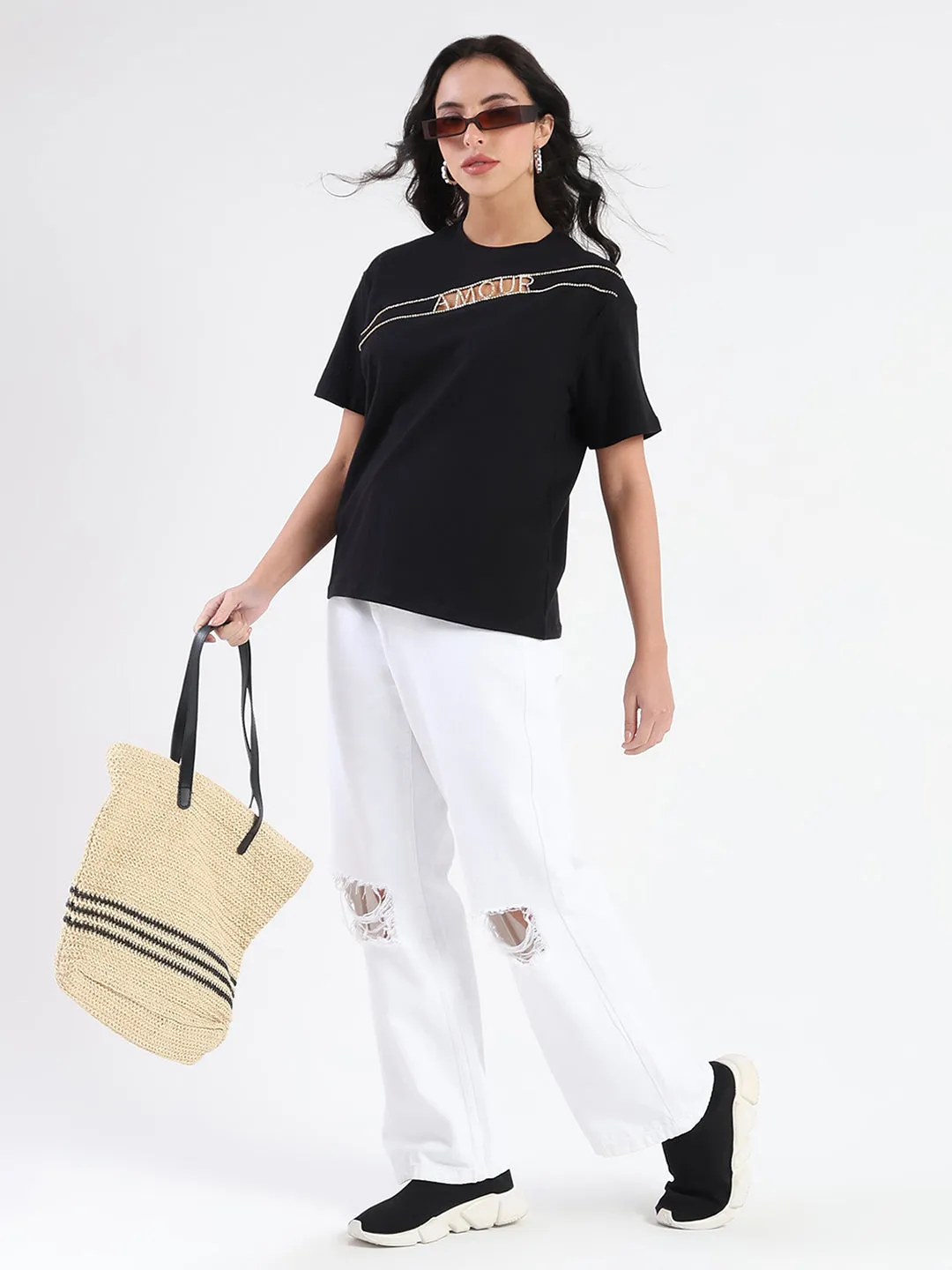 Madame Embellished Cutwork Detail Black Cotton T-shirt EasyCareFinish Eco Certified Textile