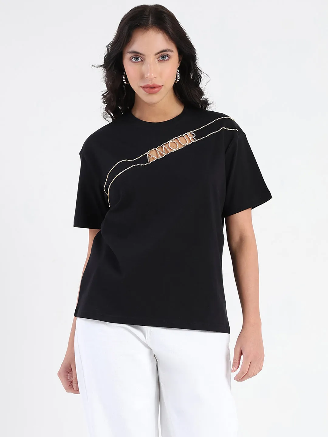 Madame Embellished Cutwork Detail Black Cotton T-shirt ComfortOptimizedConstruction