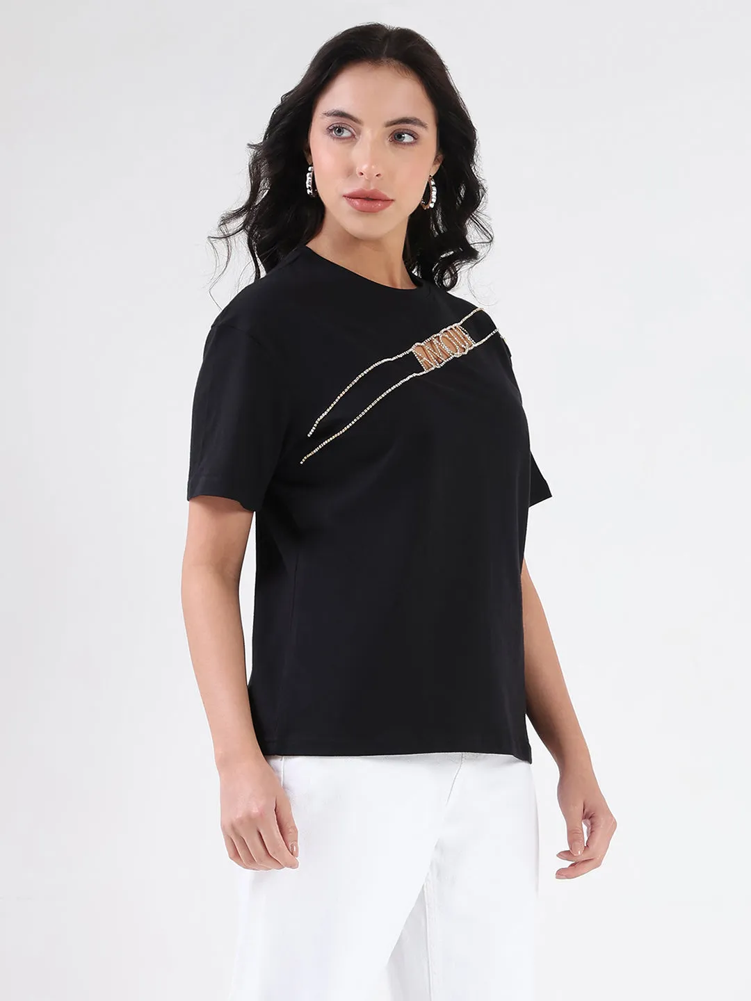 Simple Yet Elegant Gym workout Madame Embellished Cutwork Detail Black Cotton T-shirt