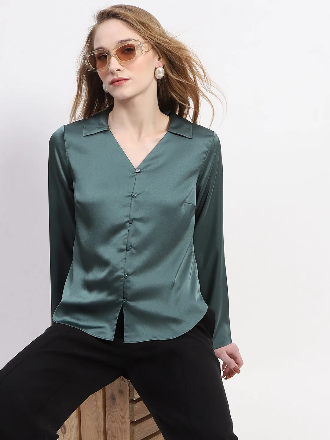 Madame Satin Bell Sleeve Collared Solid Jade Green Top Chambray Fabric
