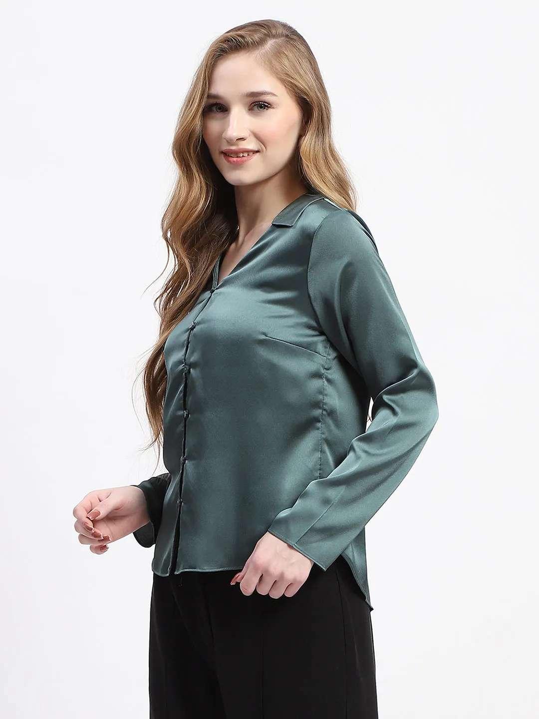 Smooth Stitch Pattern Anti Odor Treatment Madame Satin Bell Sleeve Collared Solid Jade Green Top