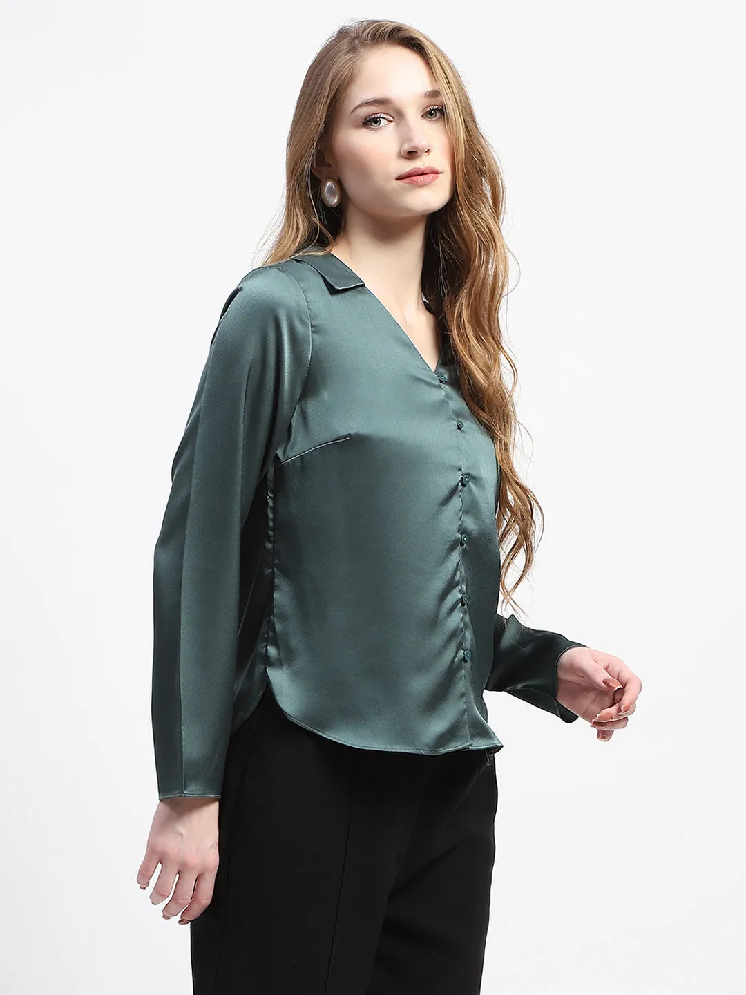 Lightweight Fabric Madame Satin Bell Sleeve Collared Solid Jade Green Top