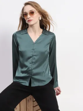 Madame Satin Bell Sleeve Collared Solid Jade Green Top Chambray Fabric