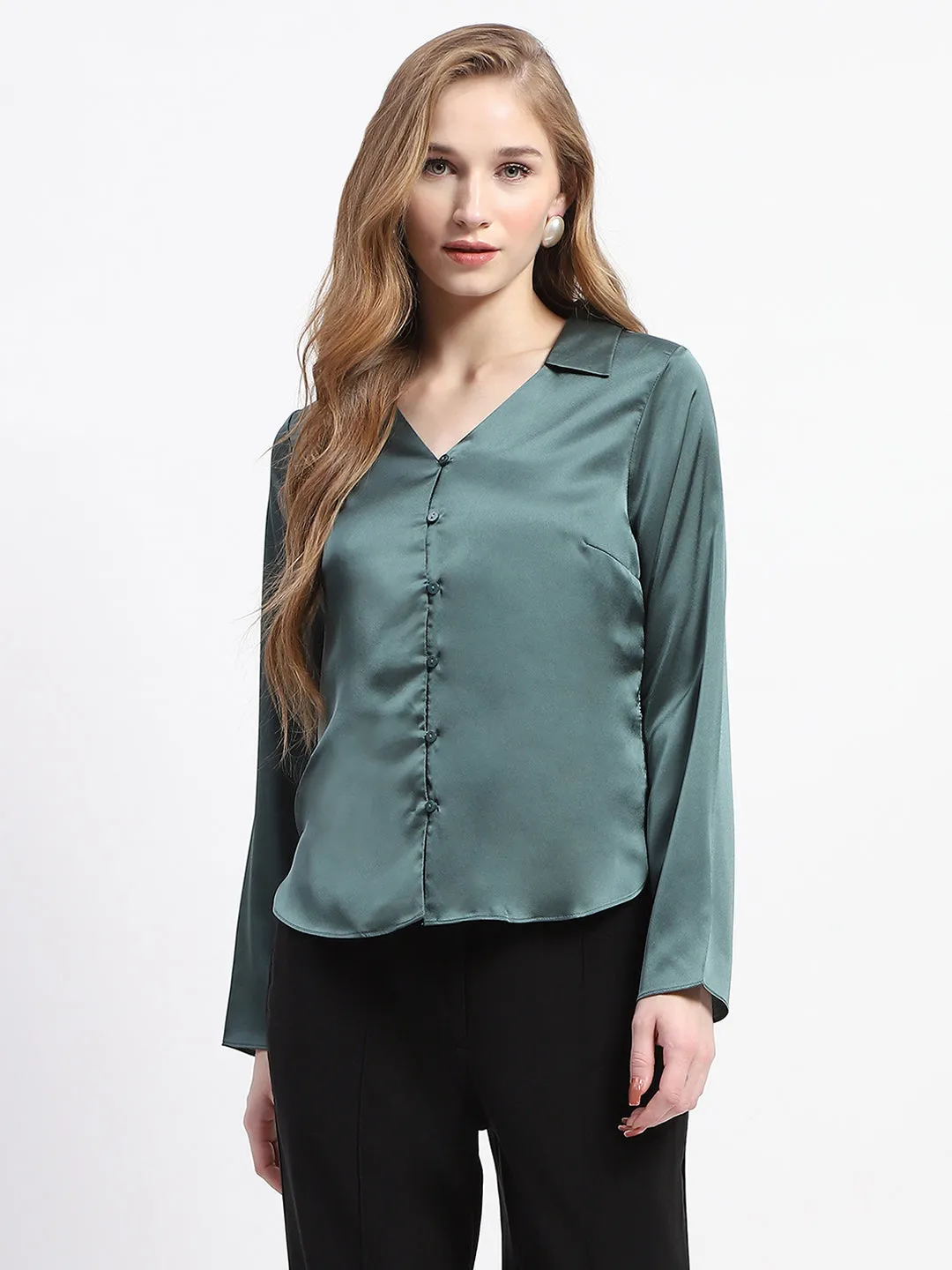 Madame Satin Bell Sleeve Collared Solid Jade Green Top Chill Fit