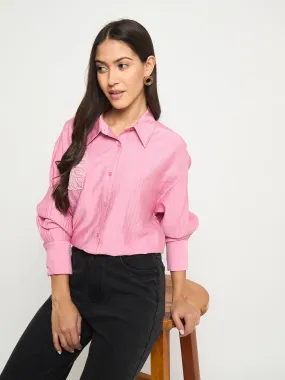 Eye-Catching Pattern Low Profile Pocket Design Madame Textured Botanical Embellishment Dusty Pink Shirt