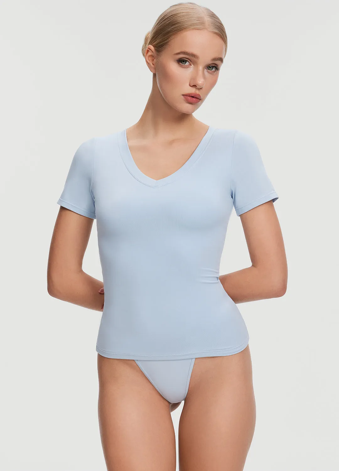 V-Neck T-shirt RibbedNeckBanding Midweight Knit