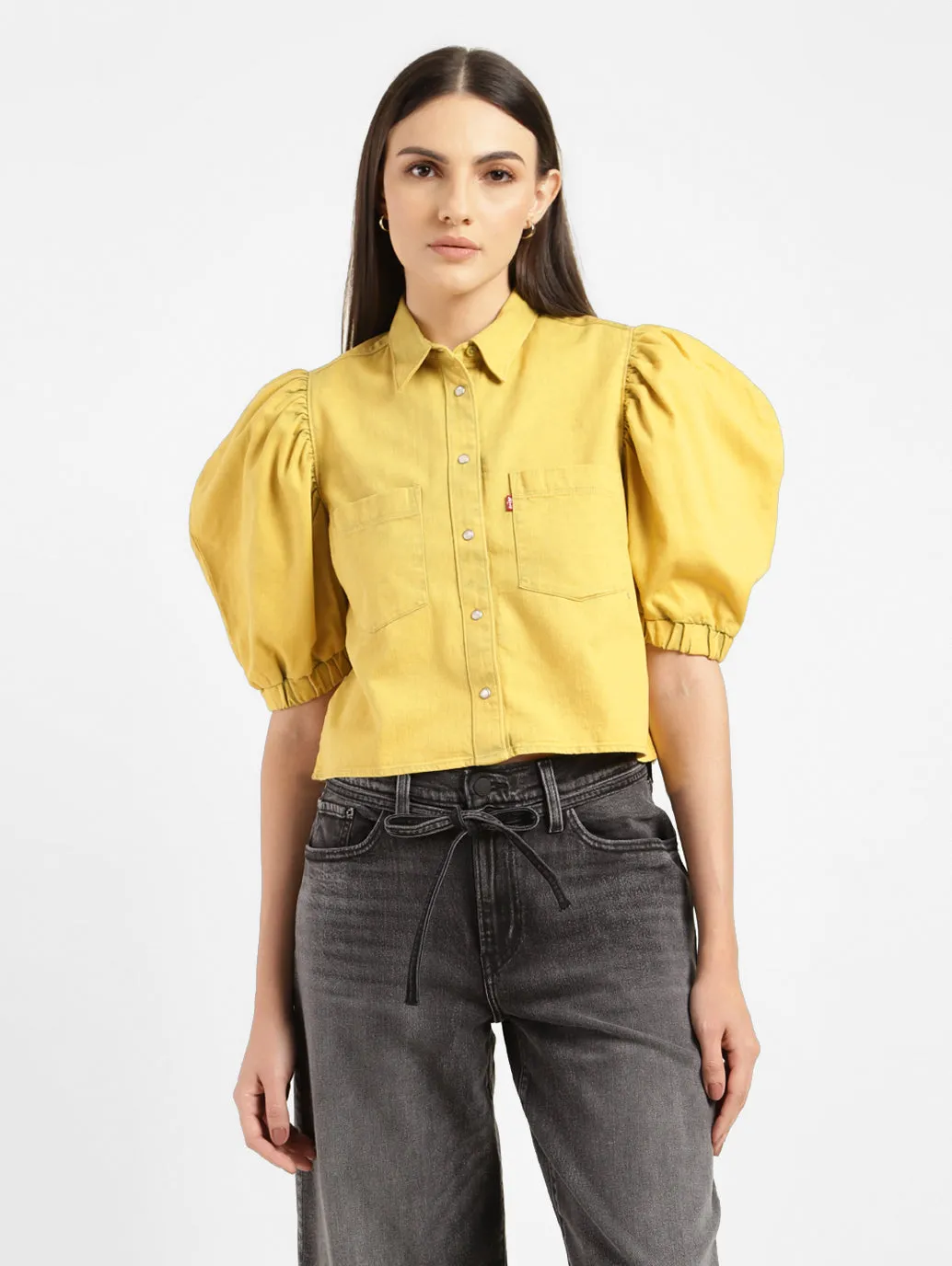 Women's Solid Spread Collar Shirt Yellow Plaid Design