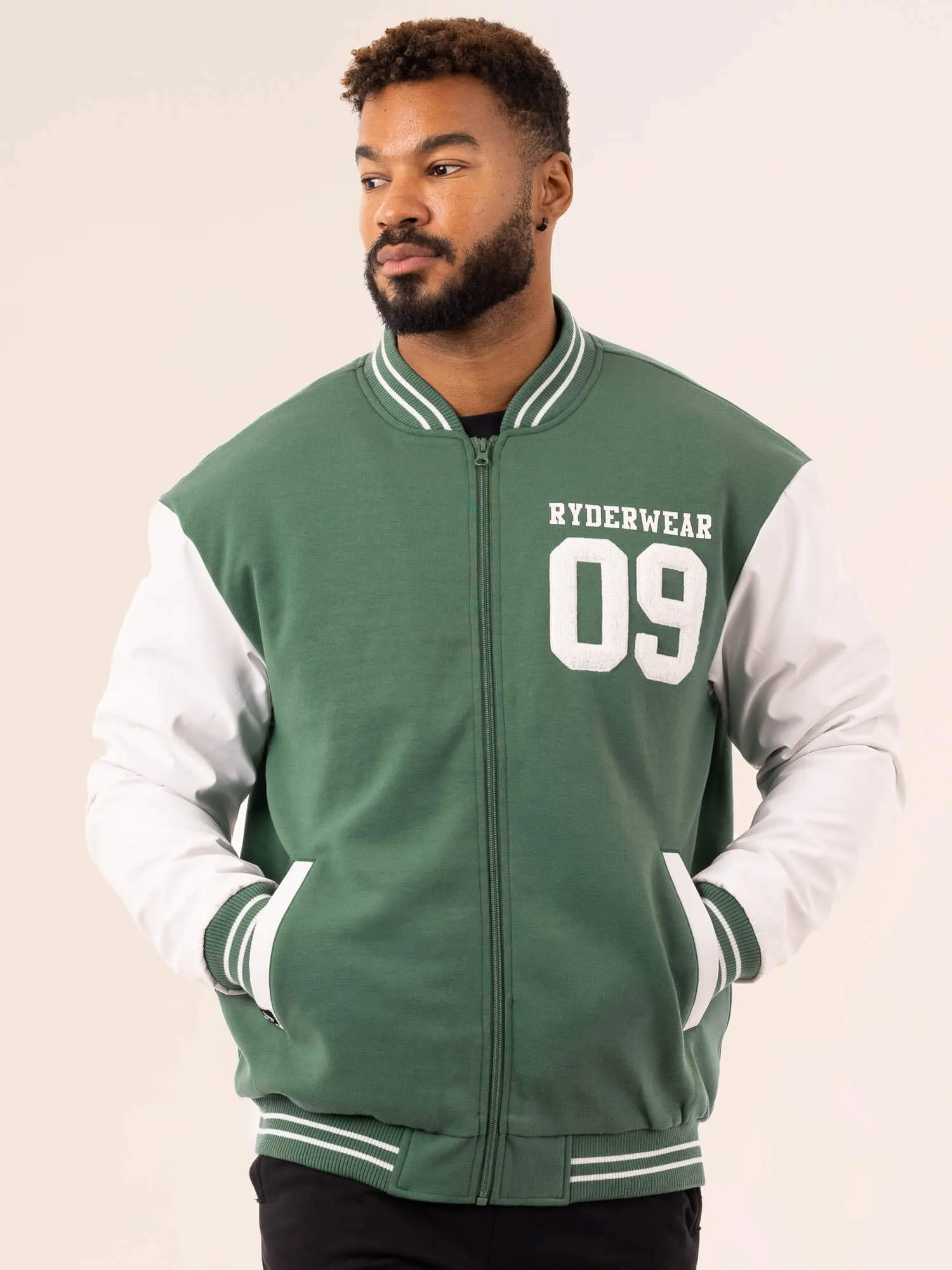 Varsity Bomber Jacket - Green/Vanilla Eco Certified Textiles Non Irritating Tags