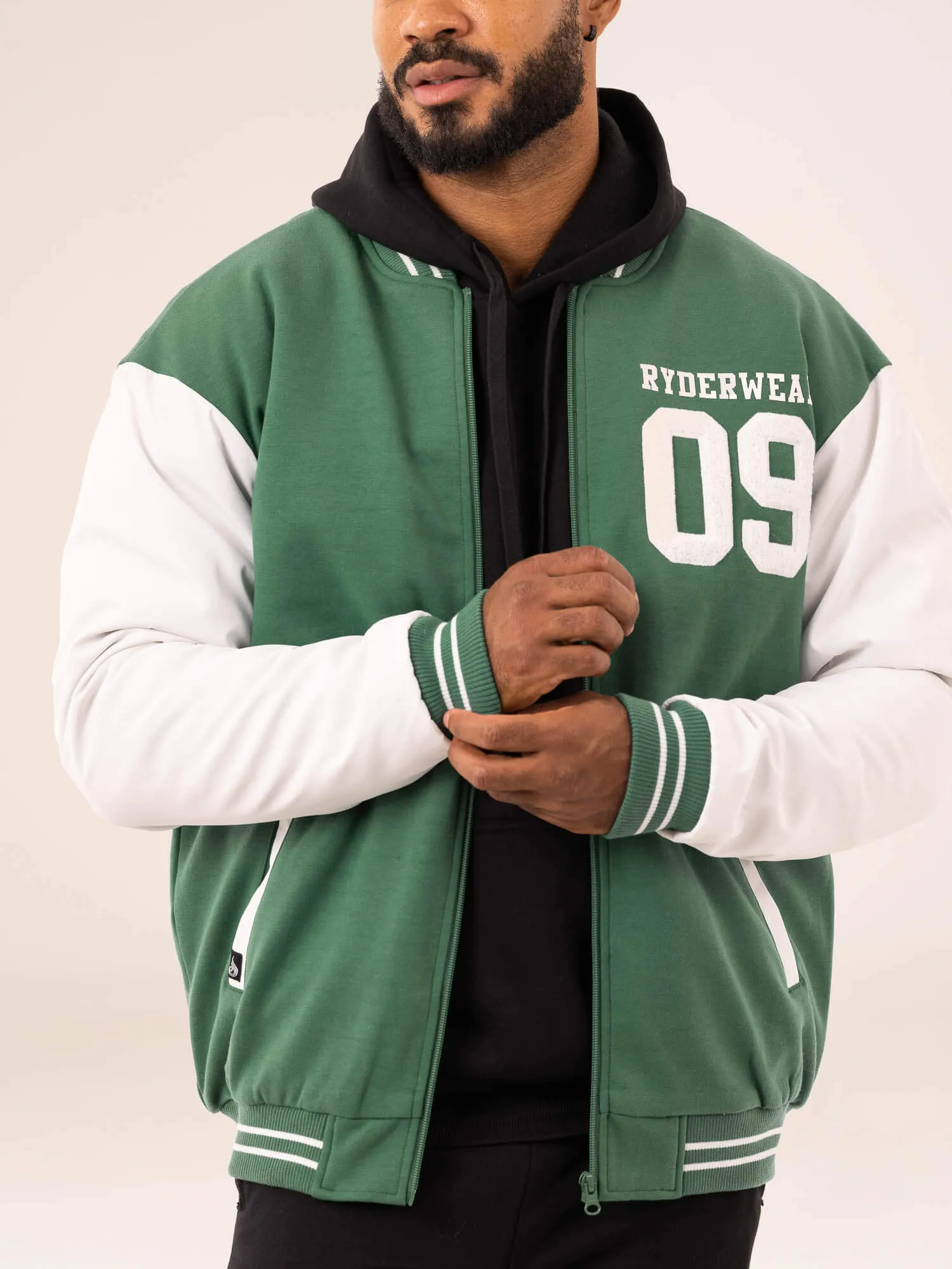 Abrasion Resistant Surface Zippered Vents Varsity Bomber Jacket - Green/Vanilla