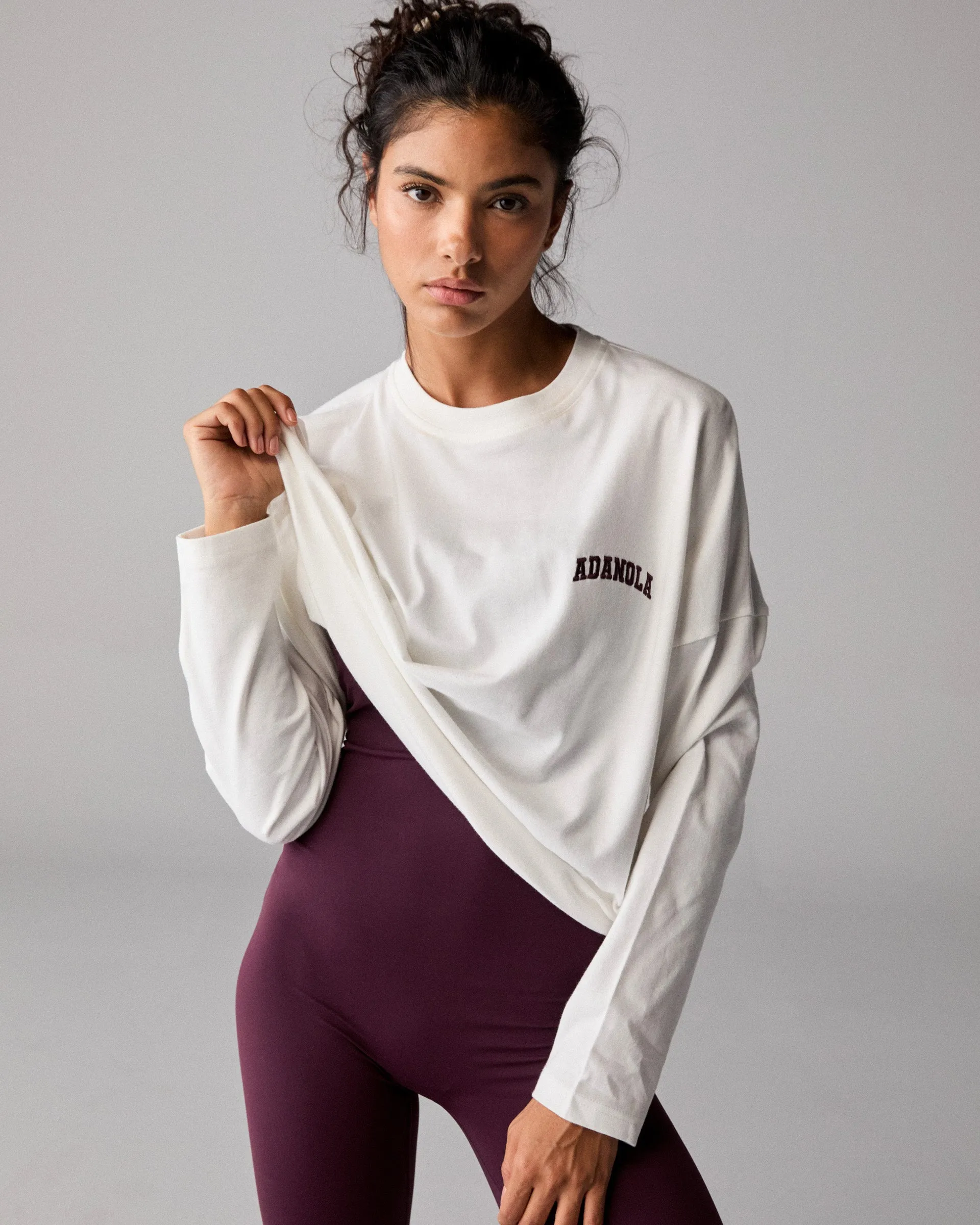 Varsity Long Sleeve Drop Shoulder T-shirt - White/Dark Cherry Essential Look