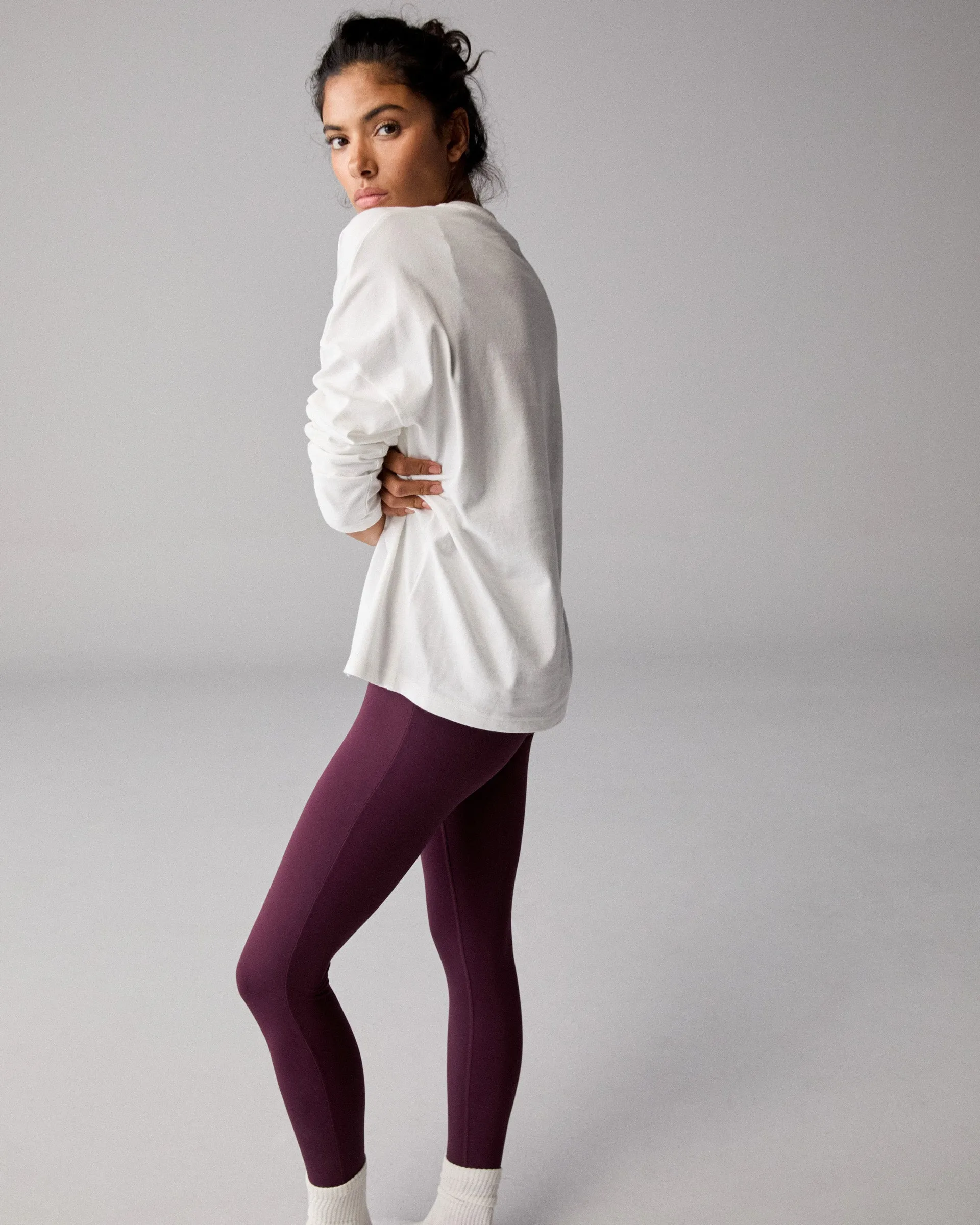 Varsity Long Sleeve Drop Shoulder T-shirt - White/Dark Cherry Casual Comfort Soft and Relaxed