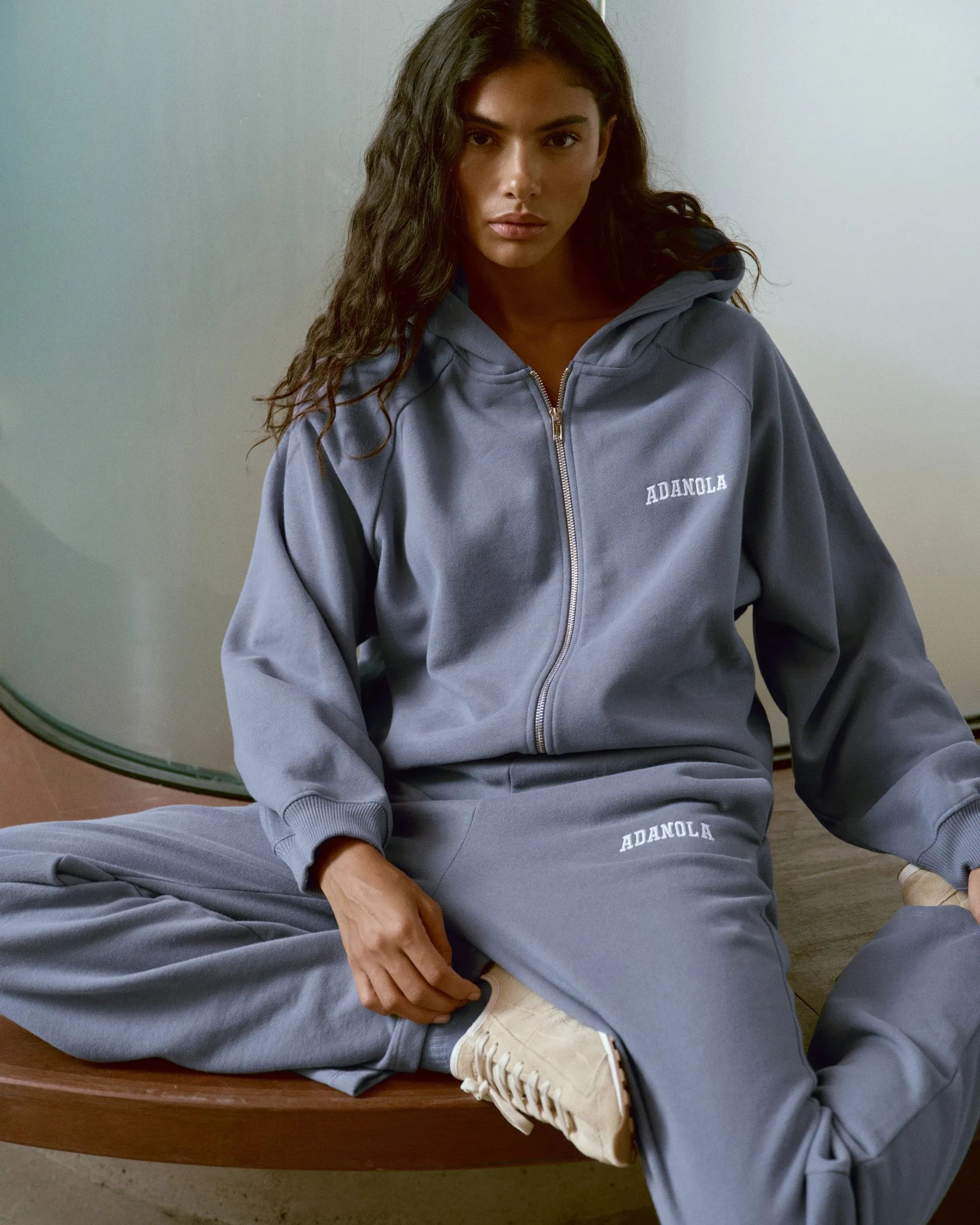 Utility Style Varsity Loose Fit Straight Leg Sweatpants - Slate Blue