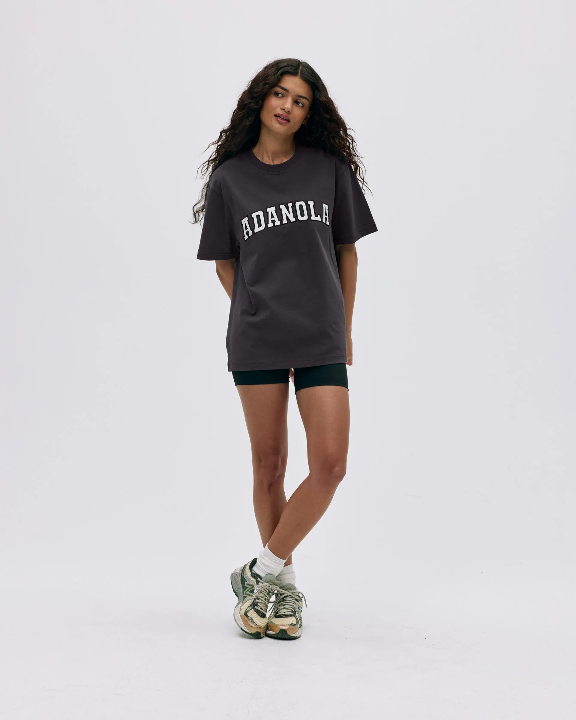 Varsity Short Sleeve Oversized T-shirt - Coffee Bean/White Fashionable Option Embroidered Details
