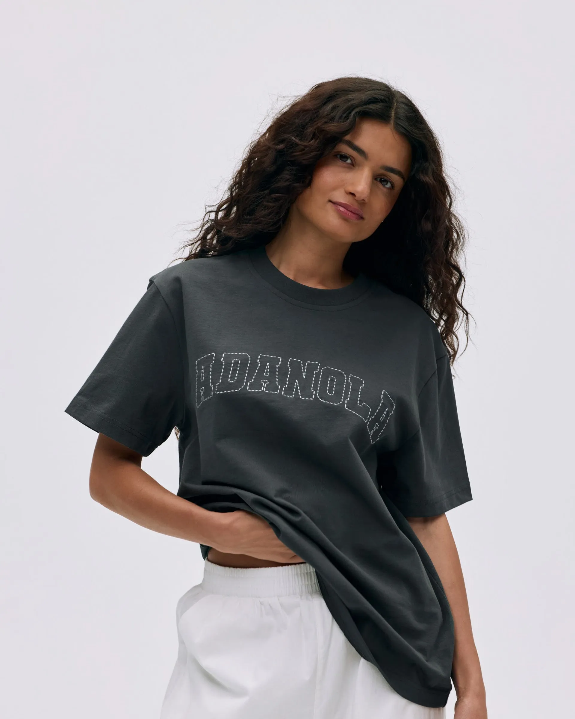 Sporty Fashion OversizedSilhouette Varsity Stitch Short Sleeve Oversized T-shirt - Graphite Grey/Marshmallow White