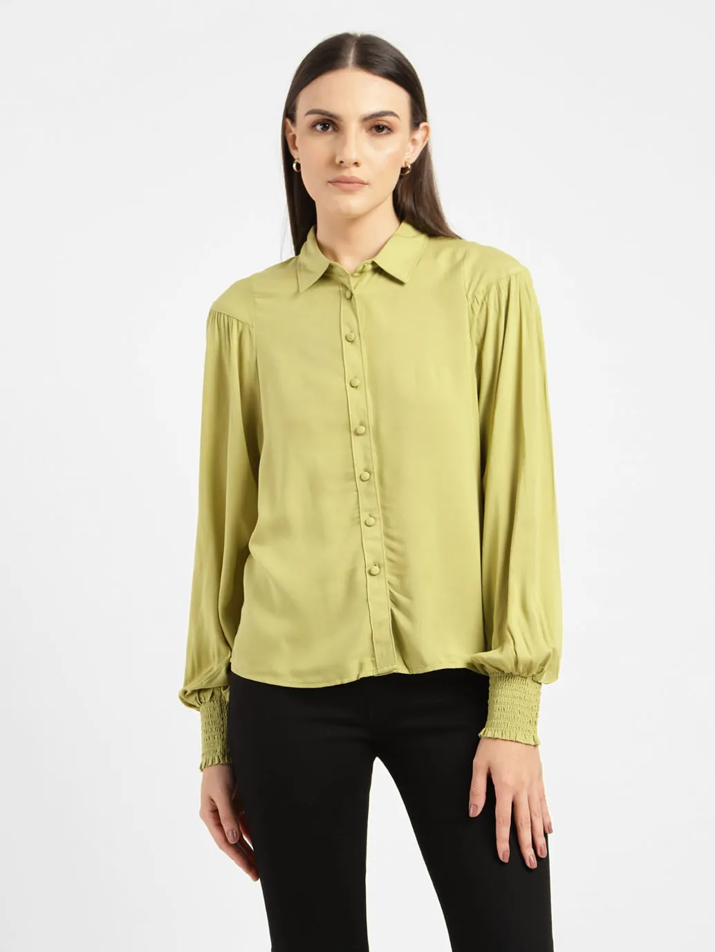 Women's Solid Spread Collar Shirt Green All-Weather Ready Trendy Daywear