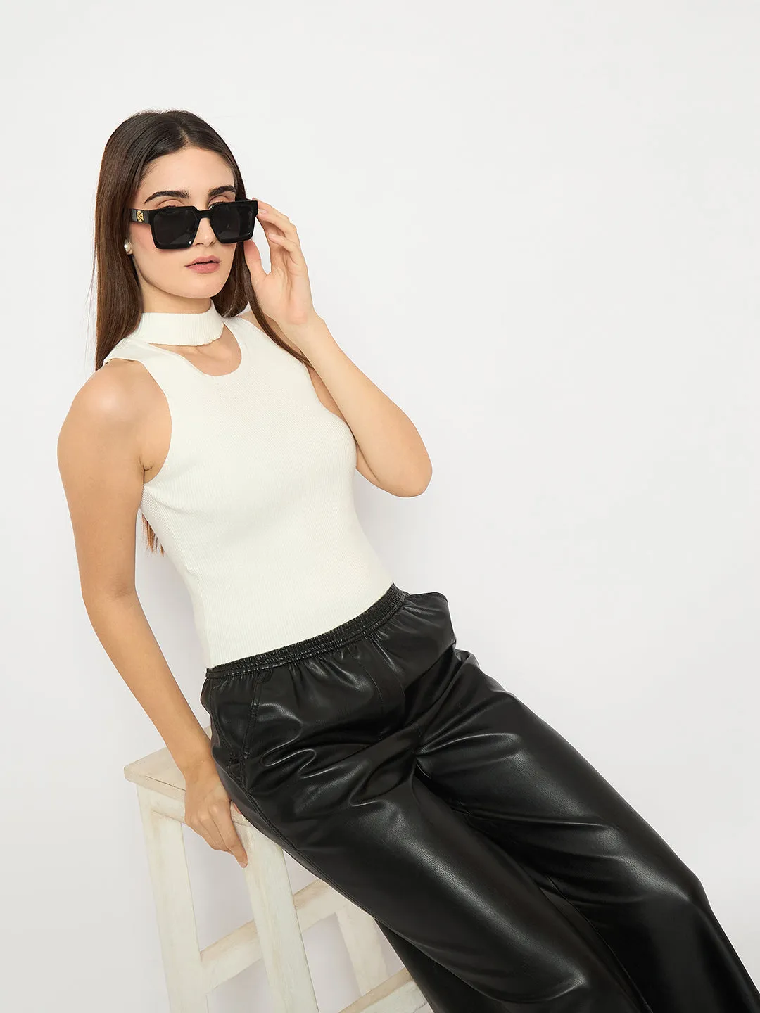 Cozy Vibe Classic Winter Madame Off White Ribbed Sleeveless Cutout Sweater