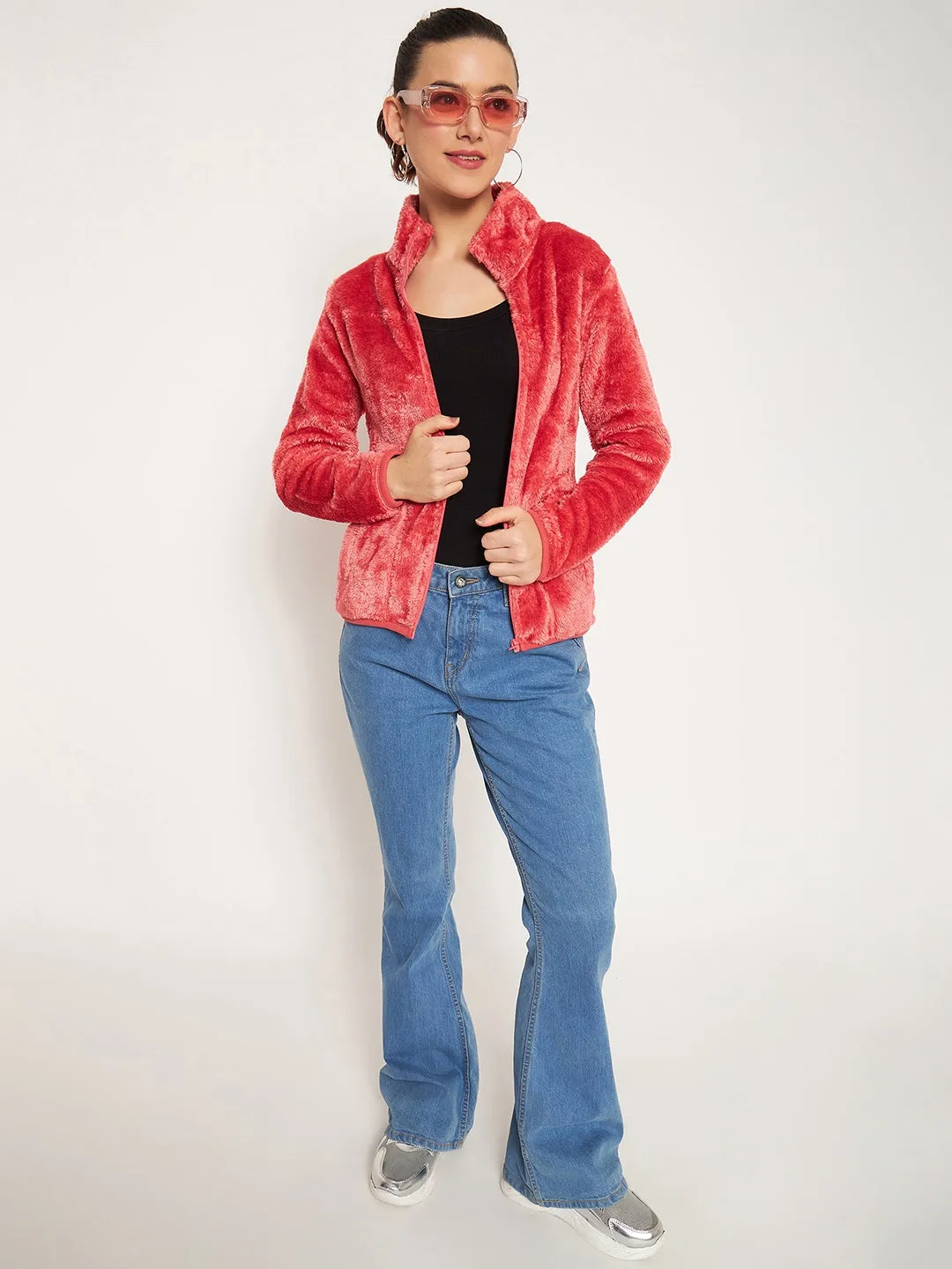 Comfortable Design Collared Madame Light Pink High Neck Sweatshirt