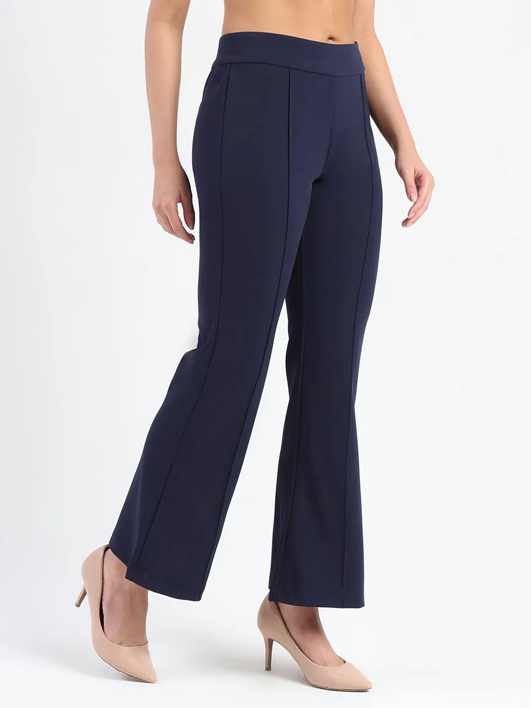 Utility Ready Everyday Flex Madame Side Zipper Flared Navy Blue Knitted Moss Trousers