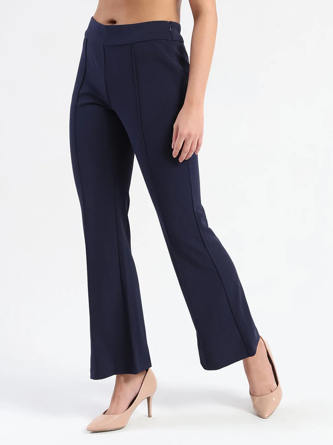 Simple and Cozy Madame Side Zipper Flared Navy Blue Knitted Moss Trousers